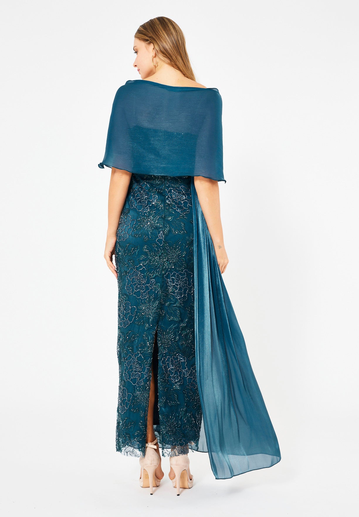 Off-Shoulder Draped Floral Embellished Gown