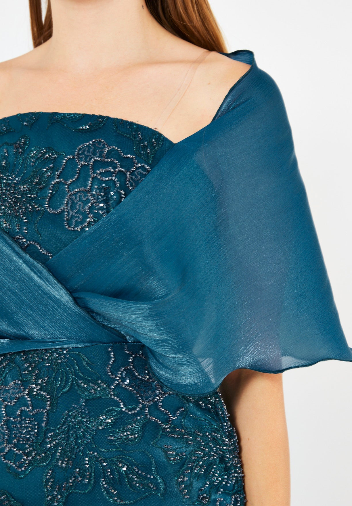 Off-Shoulder Draped Floral Embellished Gown