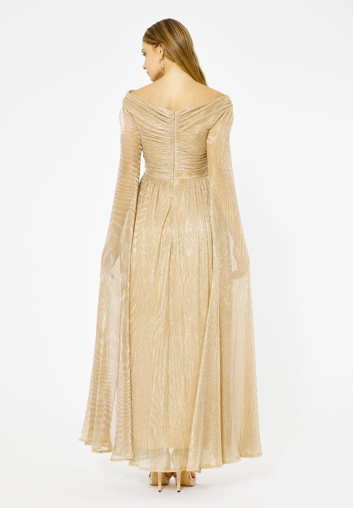 Draped Shimmer Gown with Flowing Sleeves
