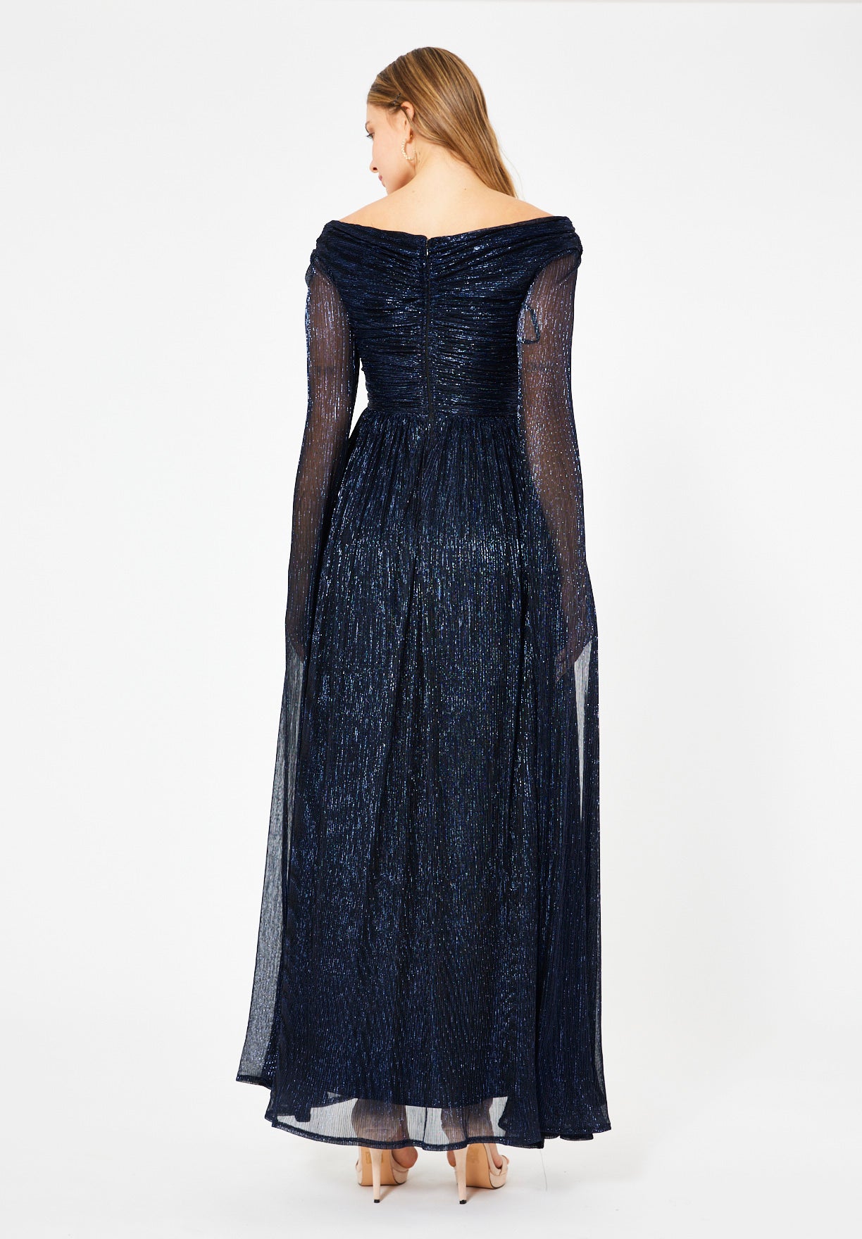 Draped Shimmer Gown with Flowing Sleeves
