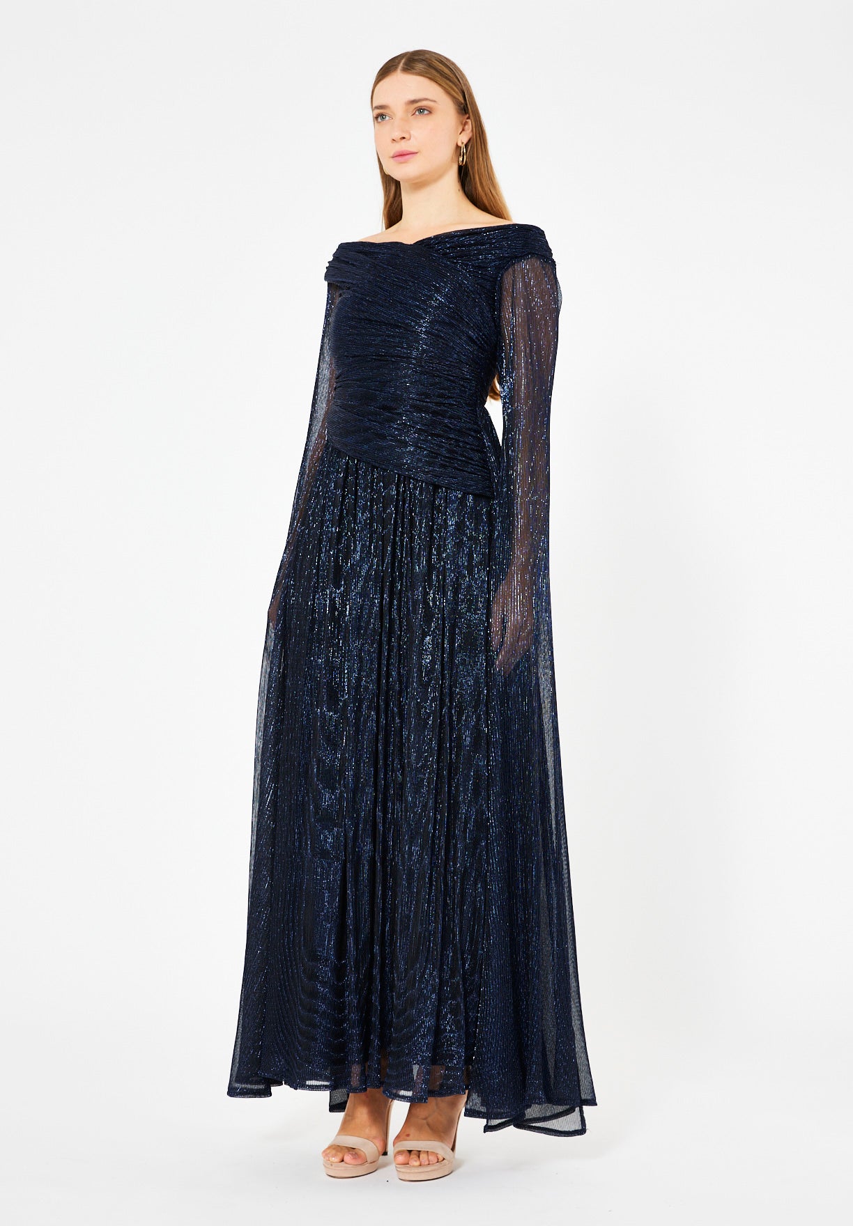 Draped Shimmer Gown with Flowing Sleeves