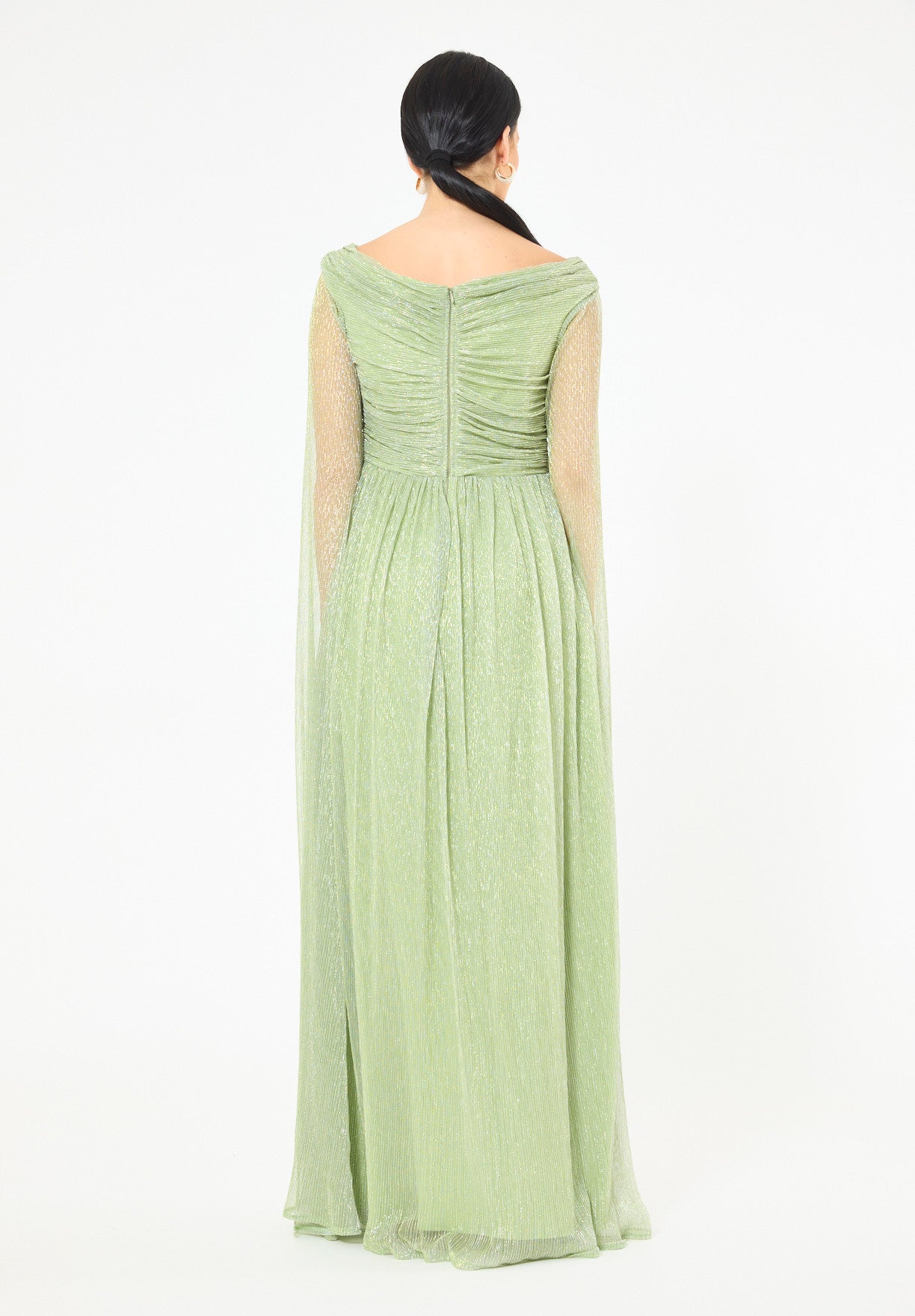 Draped Shimmer Gown with Flowing Sleeves