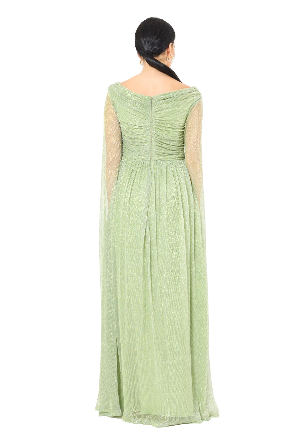 Draped Shimmer Gown with Flowing Sleeves