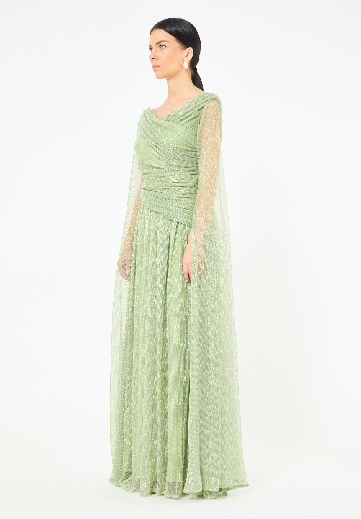 Draped Shimmer Gown with Flowing Sleeves