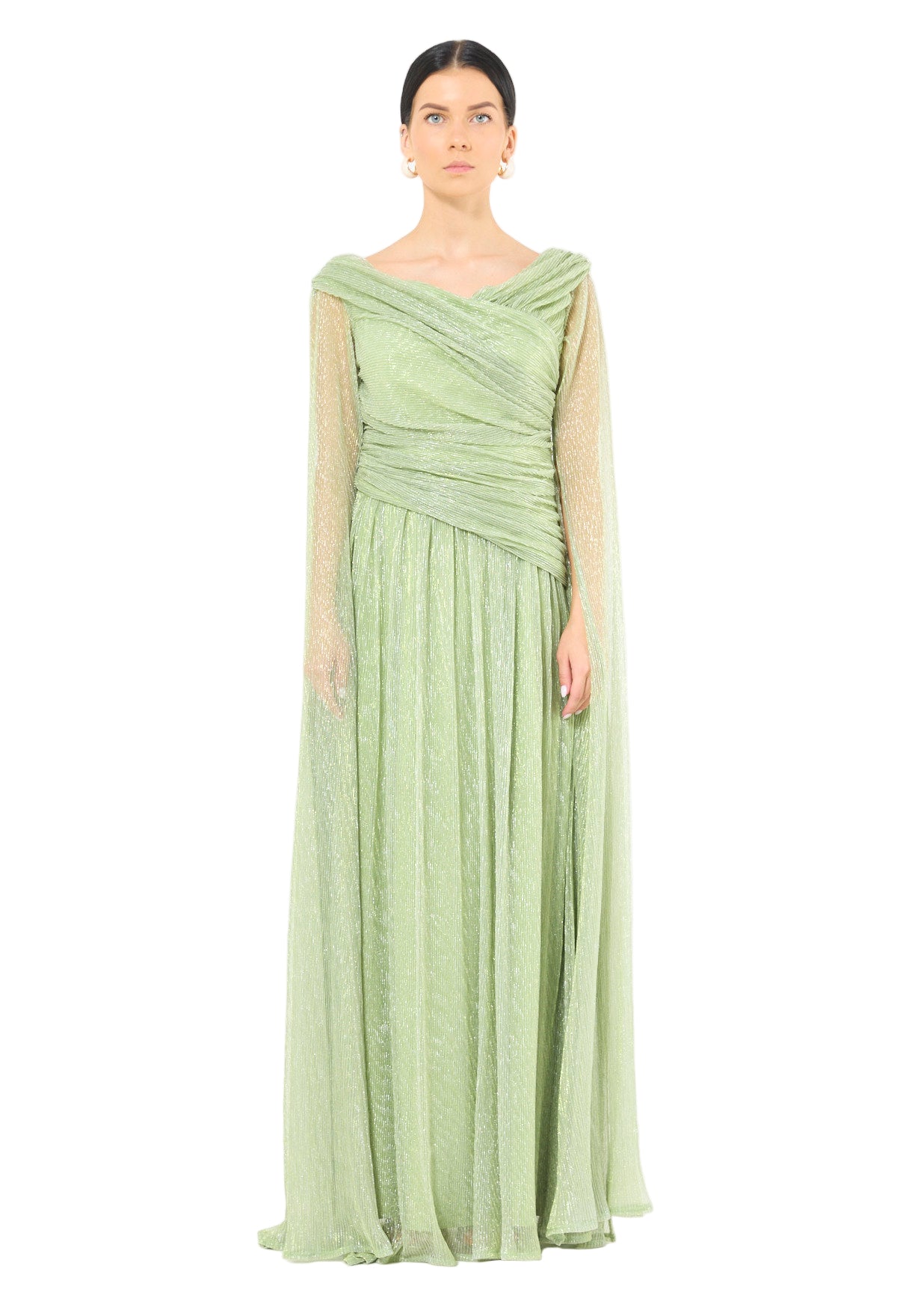 Draped Shimmer Gown with Flowing Sleeves