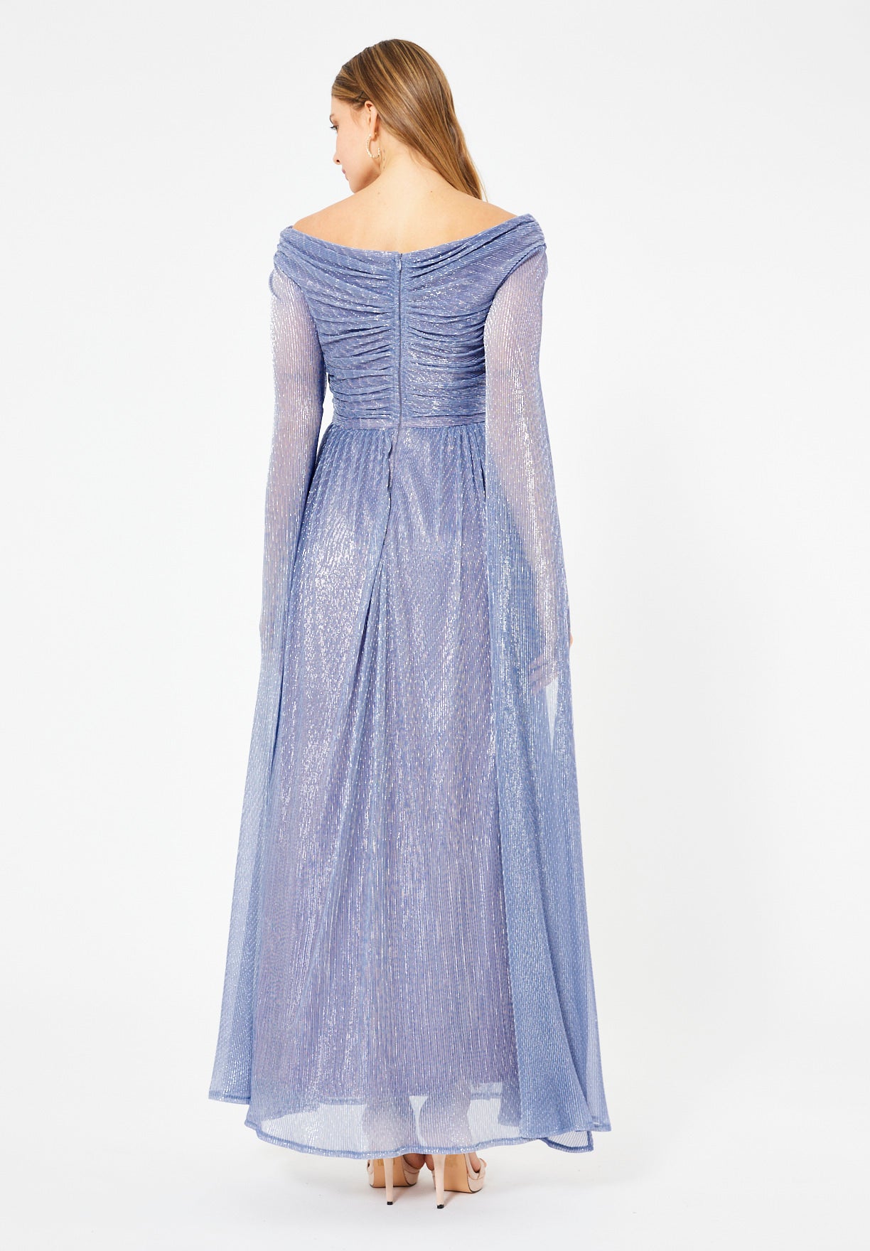 Draped Shimmer Gown with Flowing Sleeves
