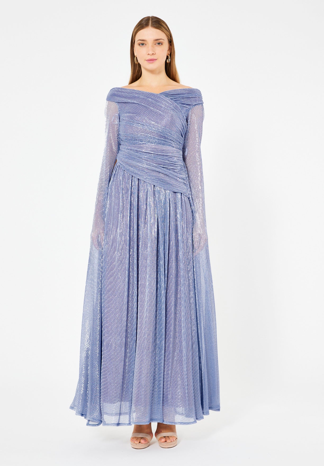Draped Shimmer Gown with Flowing Sleeves