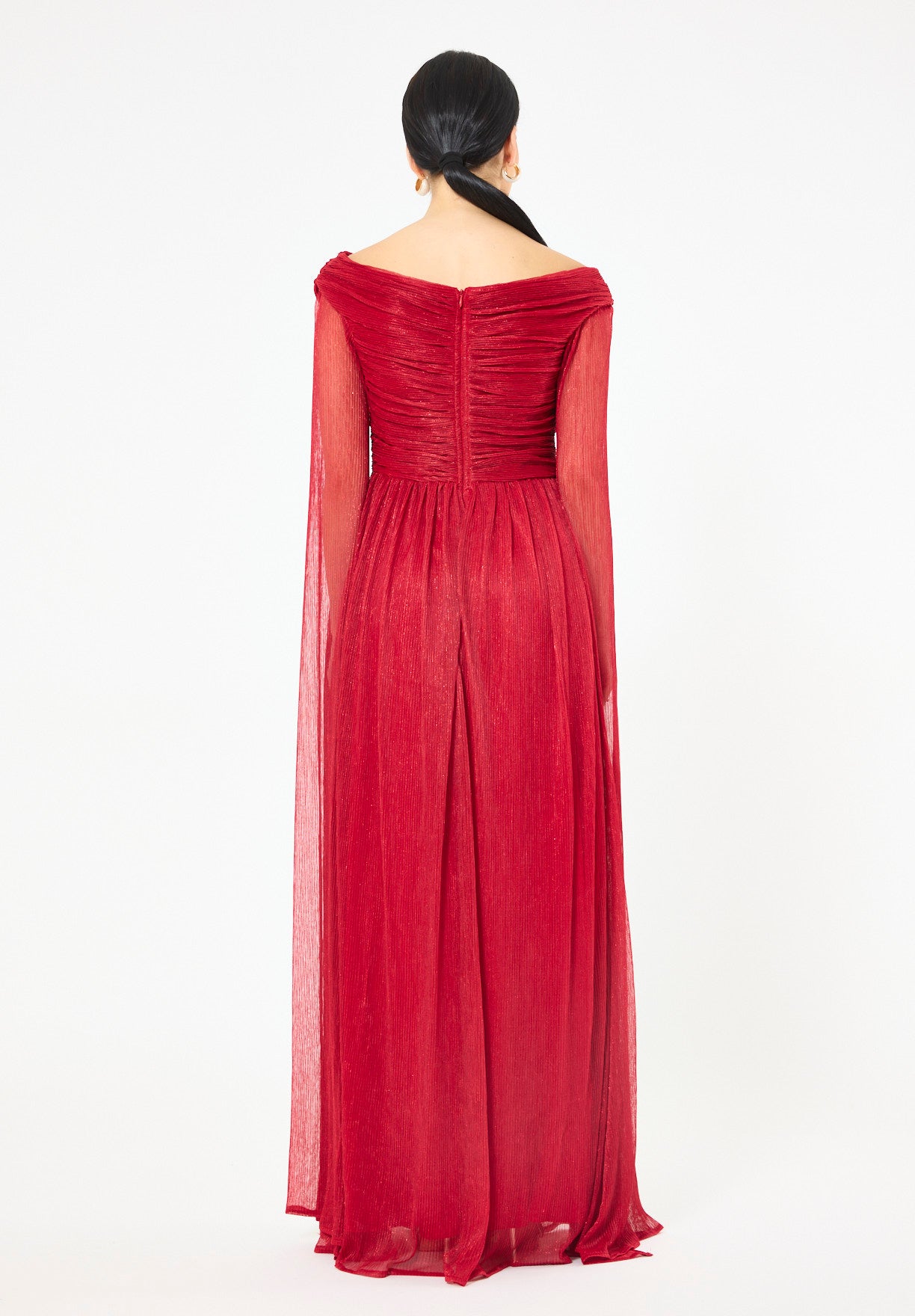 Draped Shimmer Gown with Flowing Sleeves