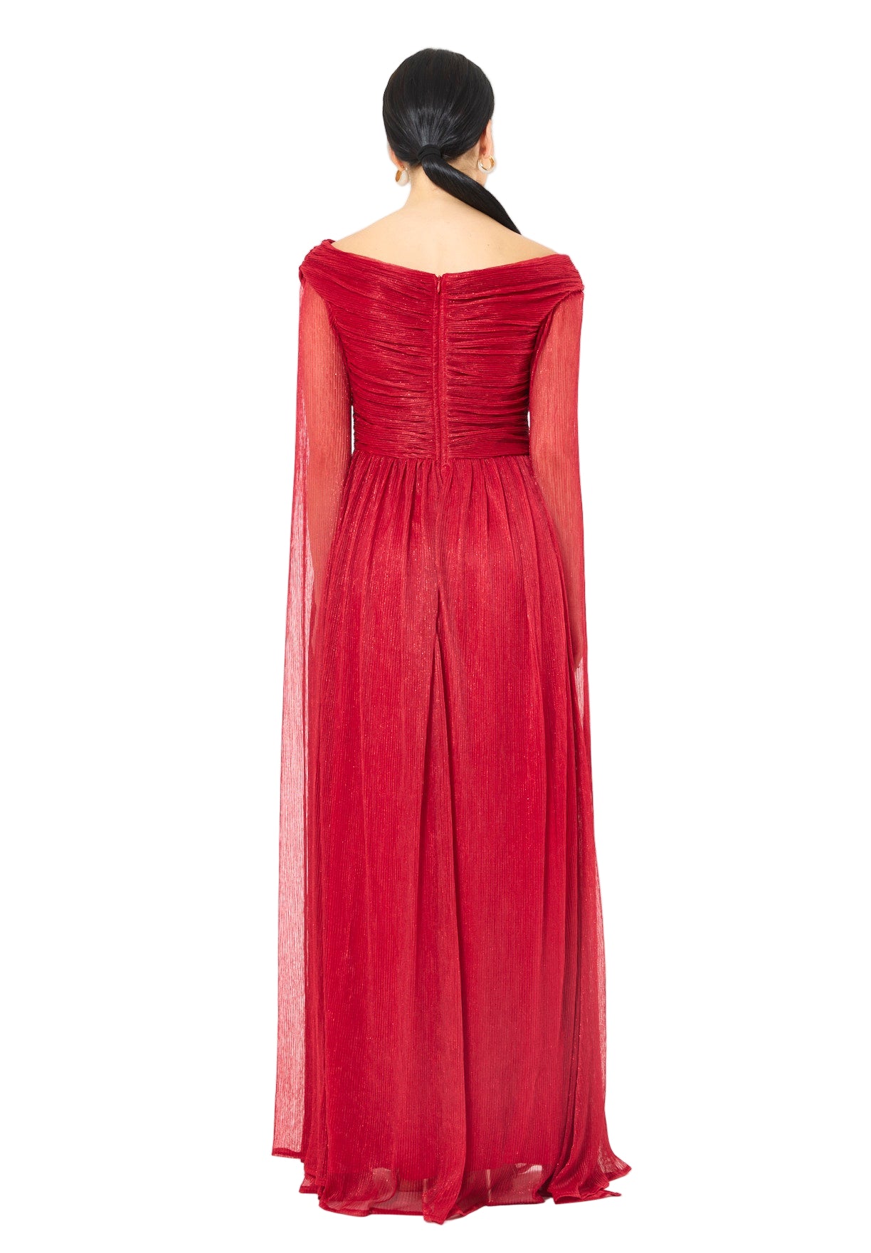 Draped Shimmer Gown with Flowing Sleeves