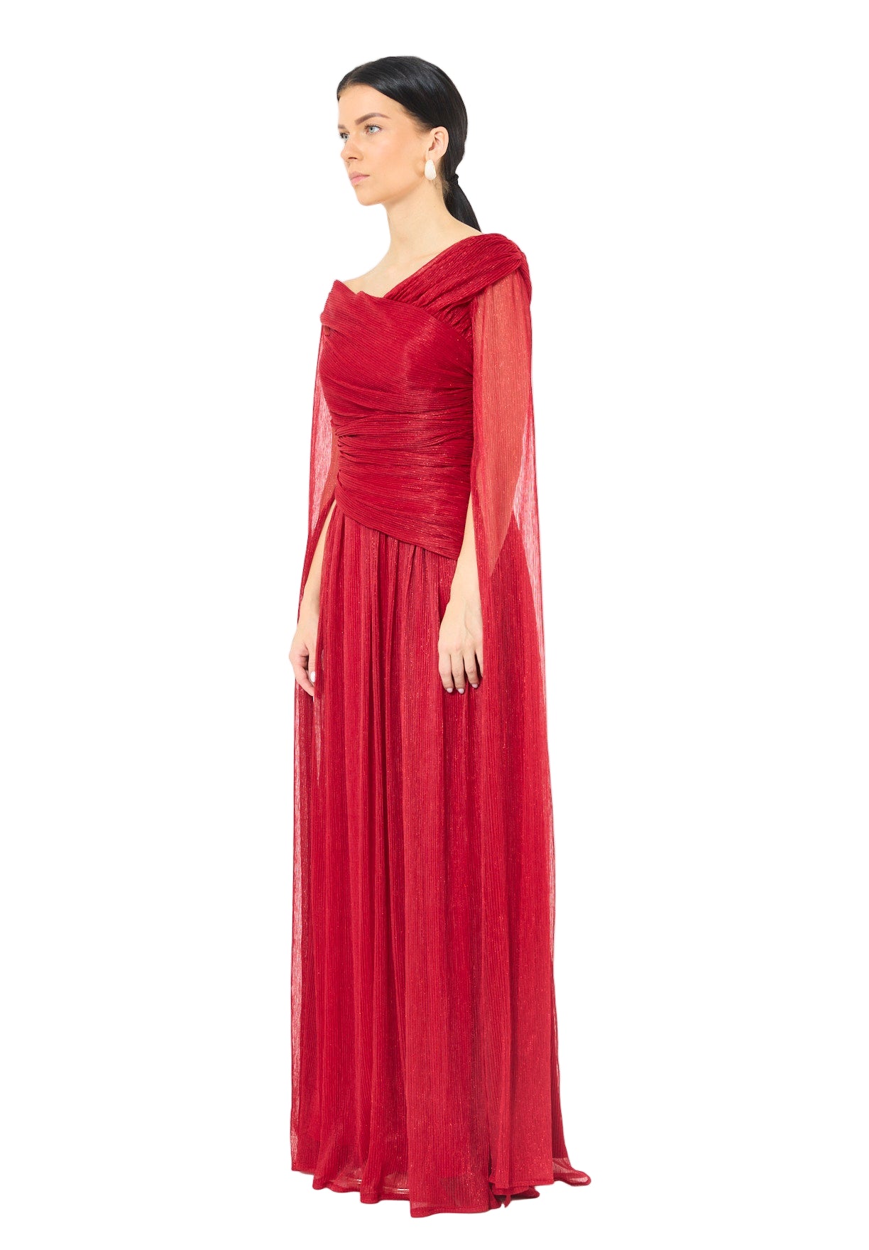 Draped Shimmer Gown with Flowing Sleeves