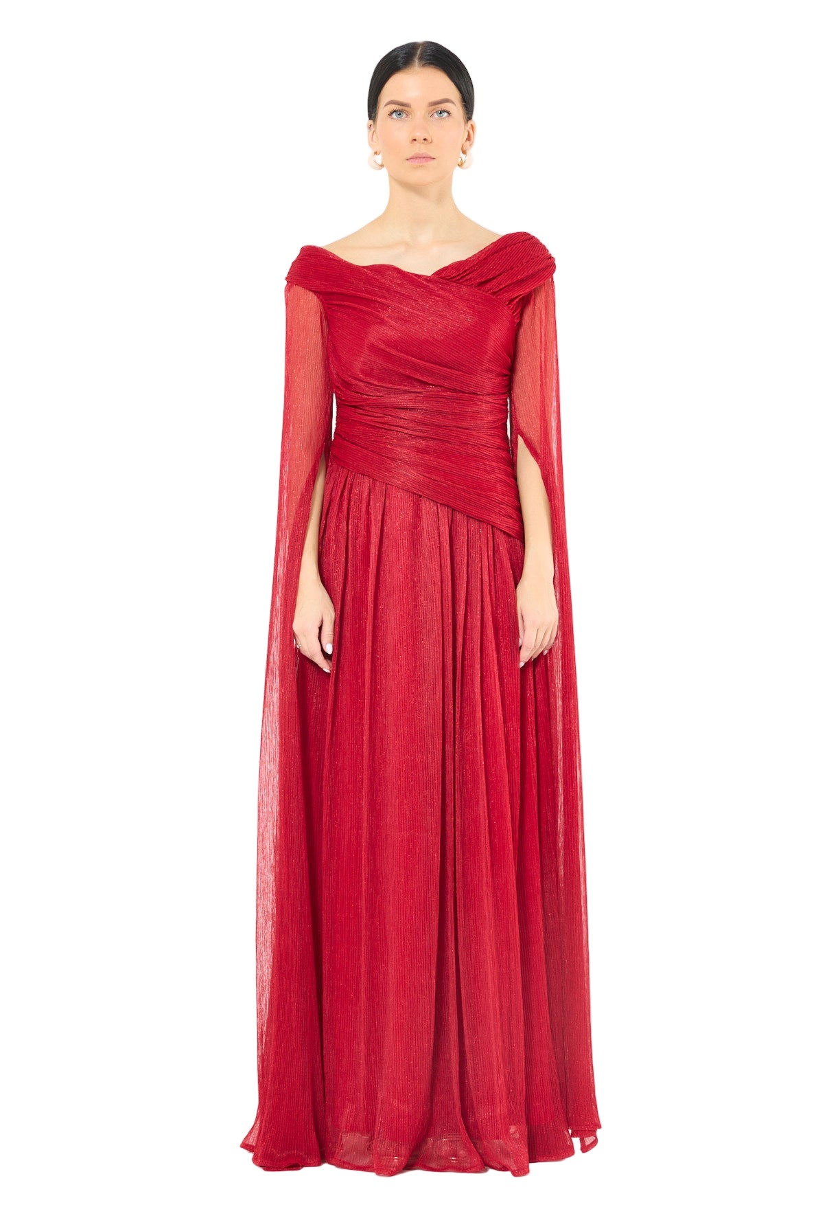 Draped Shimmer Gown with Flowing Sleeves