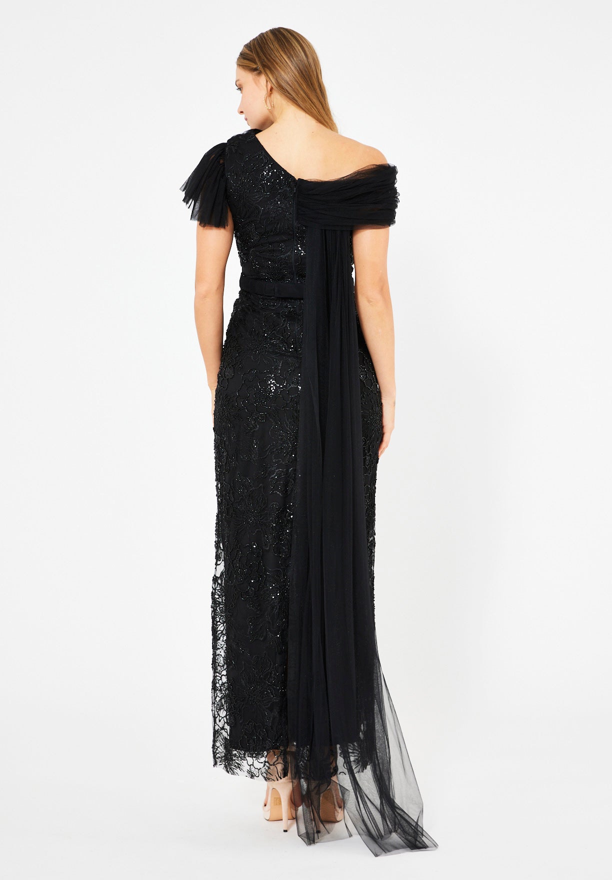 One-Shoulder Floral Sequin Gown with Ruffle Sleeve Detail