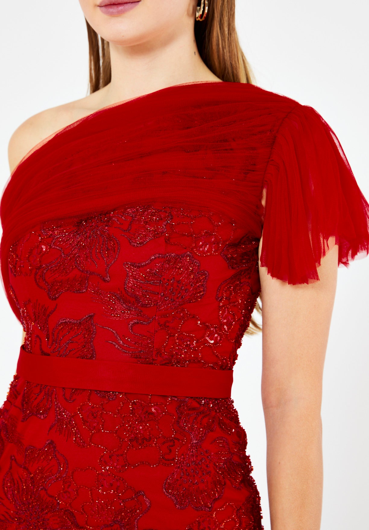 One-Shoulder Floral Sequin Gown with Ruffle Sleeve Detail