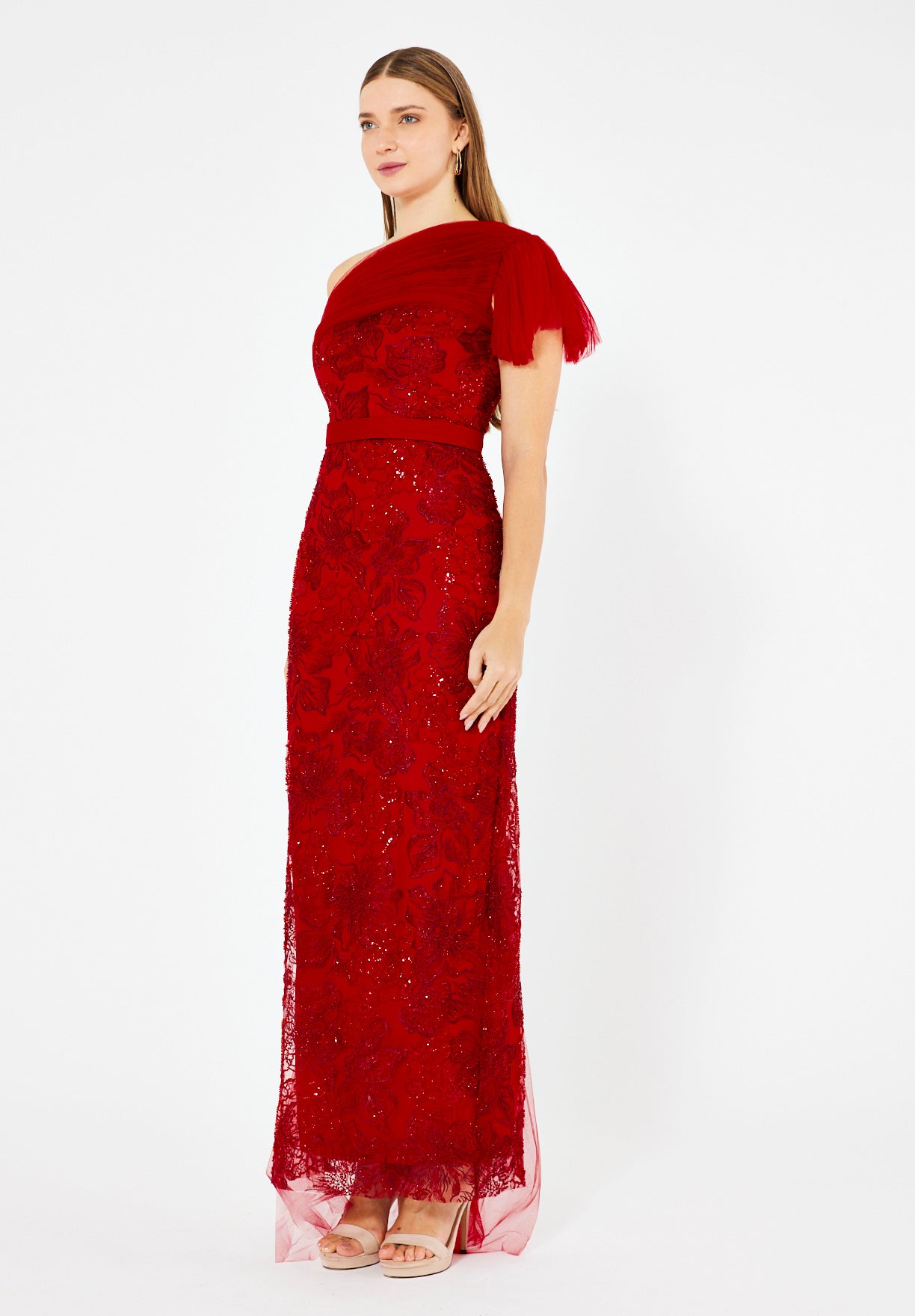 One-Shoulder Floral Sequin Gown with Ruffle Sleeve Detail