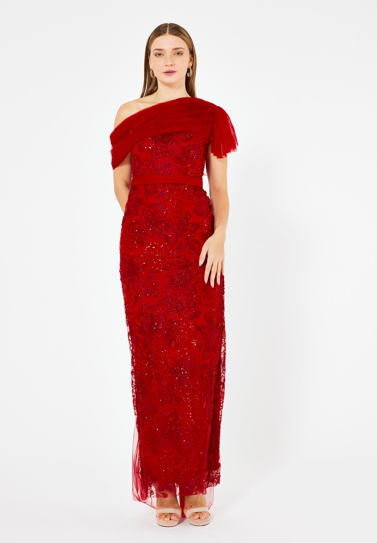 One-Shoulder Floral Sequin Gown with Ruffle Sleeve Detail