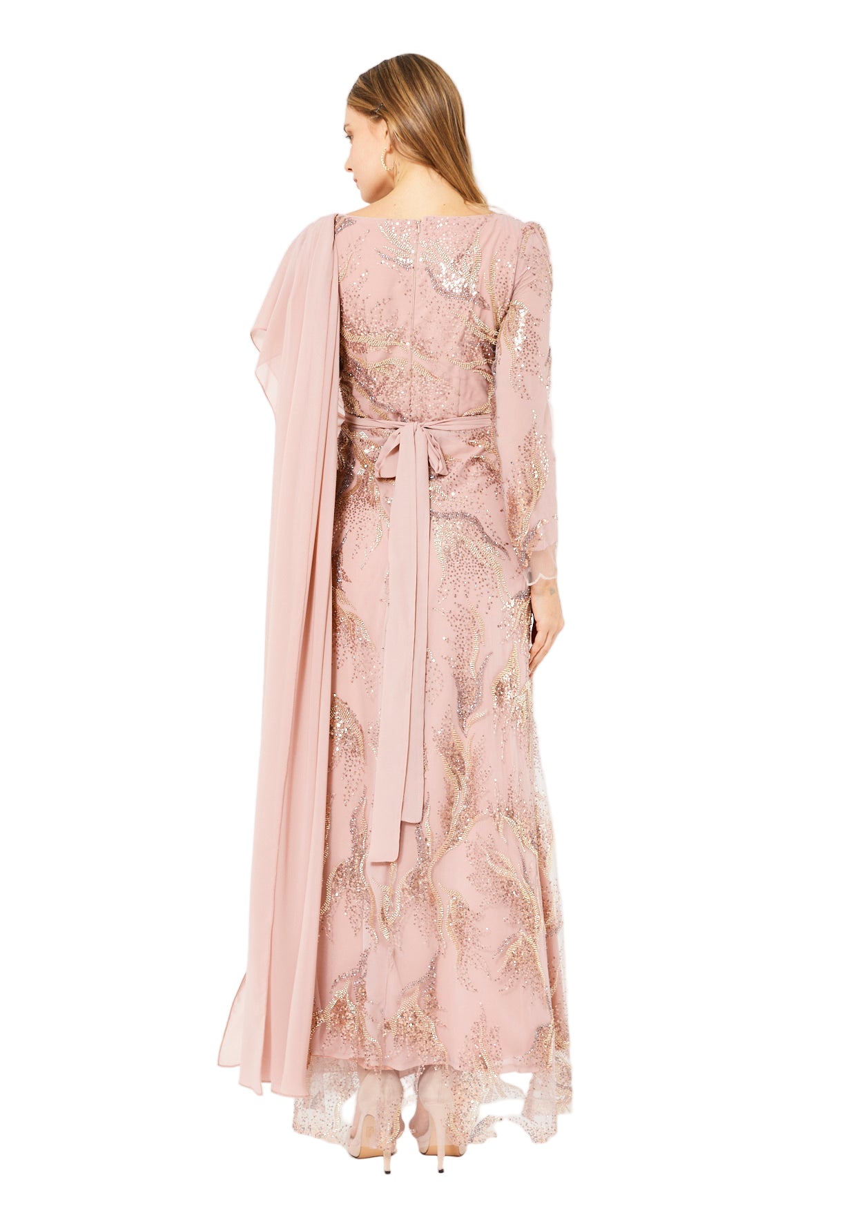 Embellished Gown with Draped Shoulder Detail