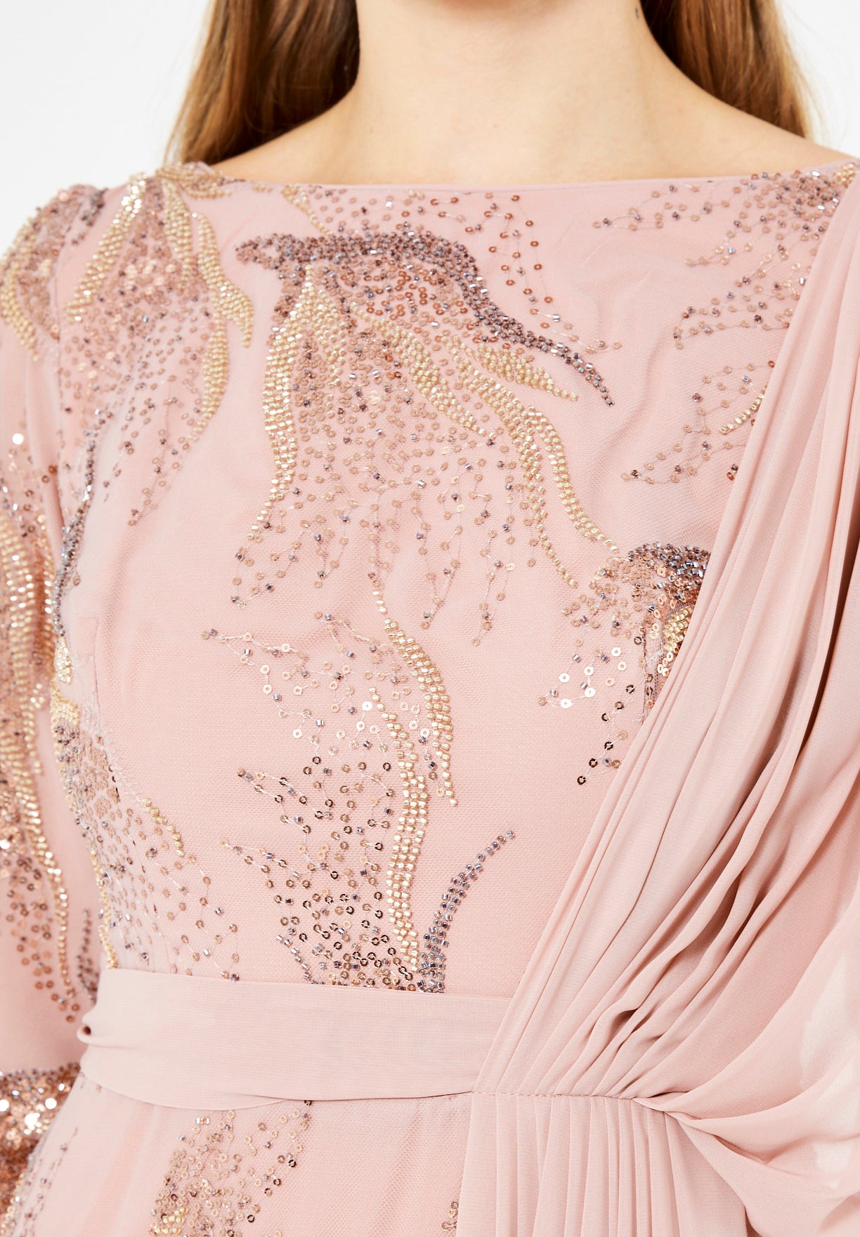 Embellished Gown with Draped Shoulder Detail