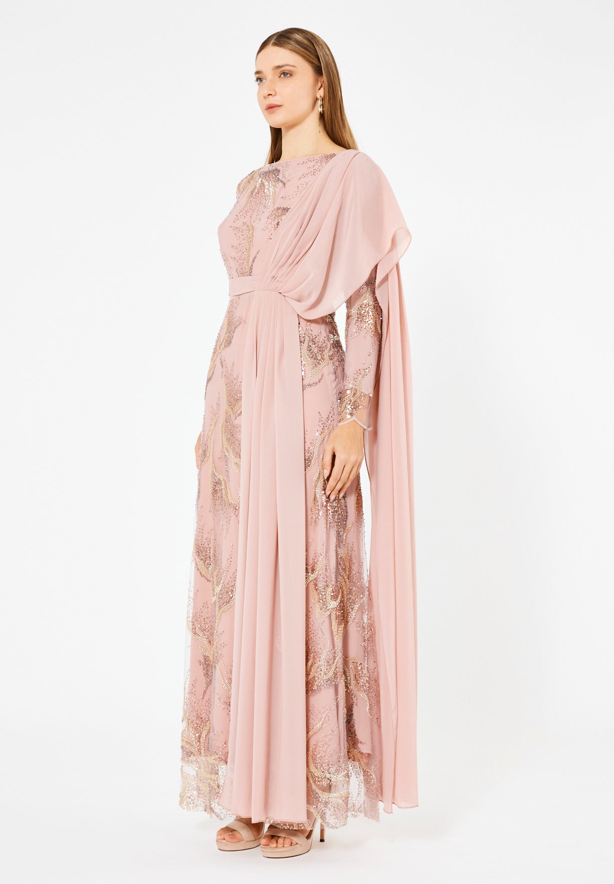 Embellished Gown with Draped Shoulder Detail