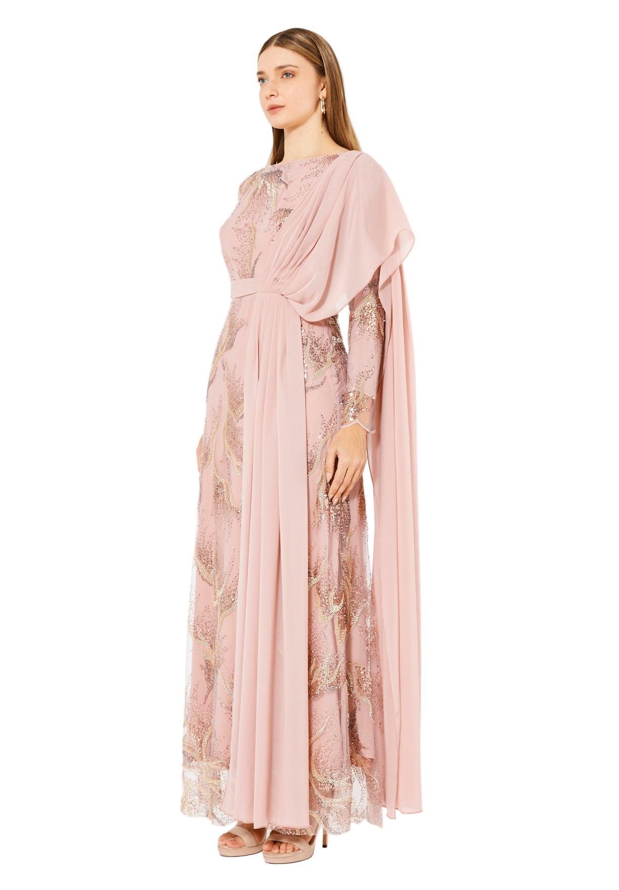 Embellished Gown with Draped Shoulder Detail