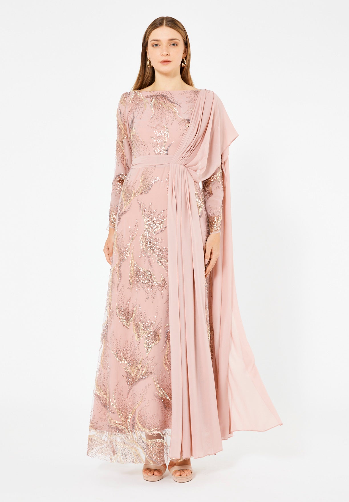 Embellished Gown with Draped Shoulder Detail