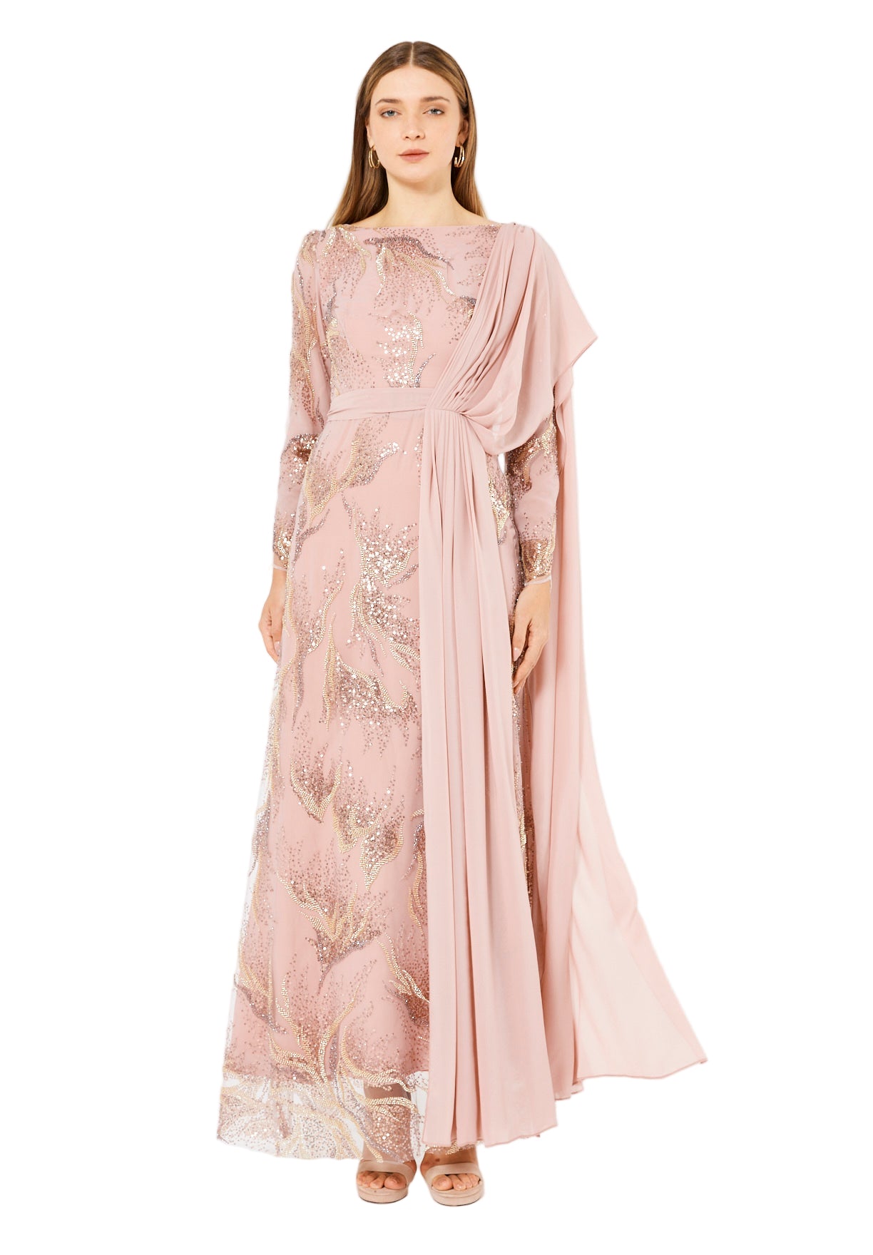 Embellished Gown with Draped Shoulder Detail