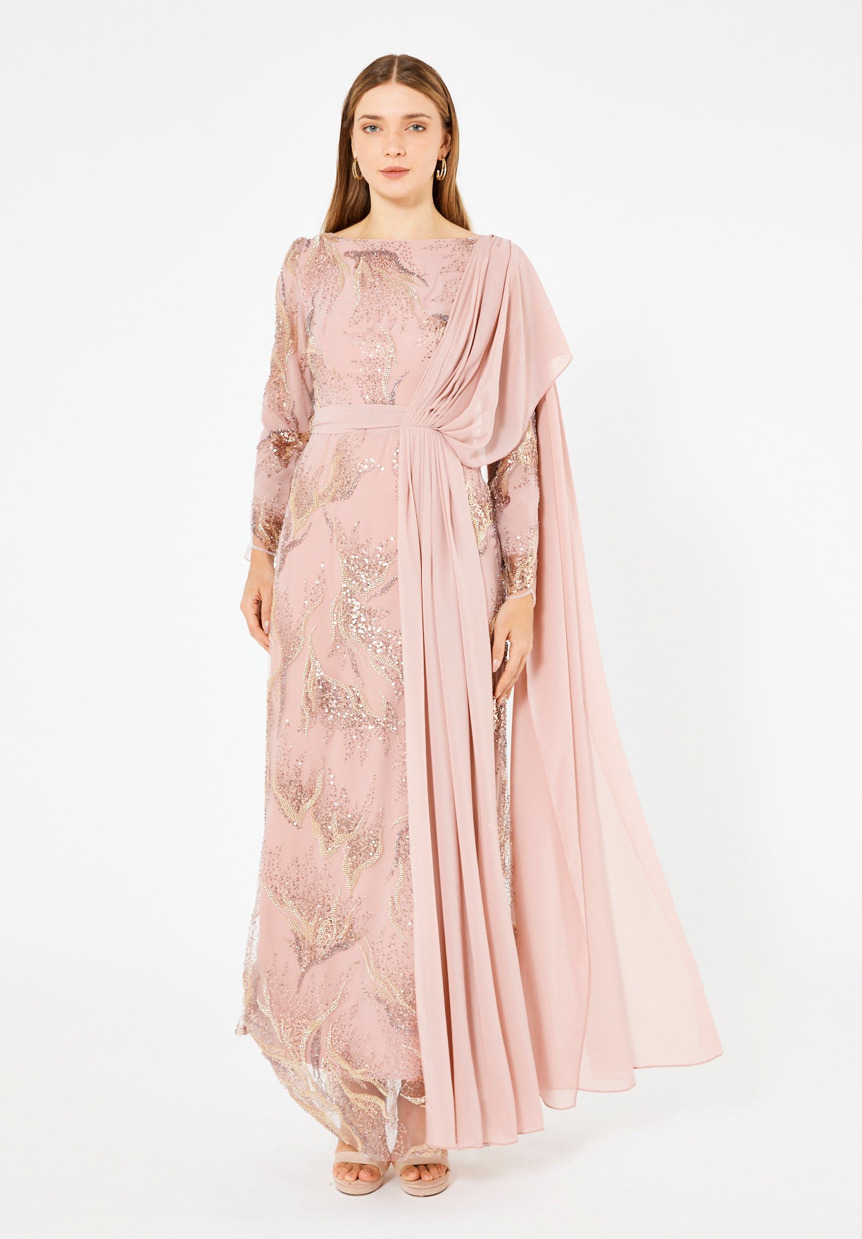 Embellished Gown with Draped Shoulder Detail