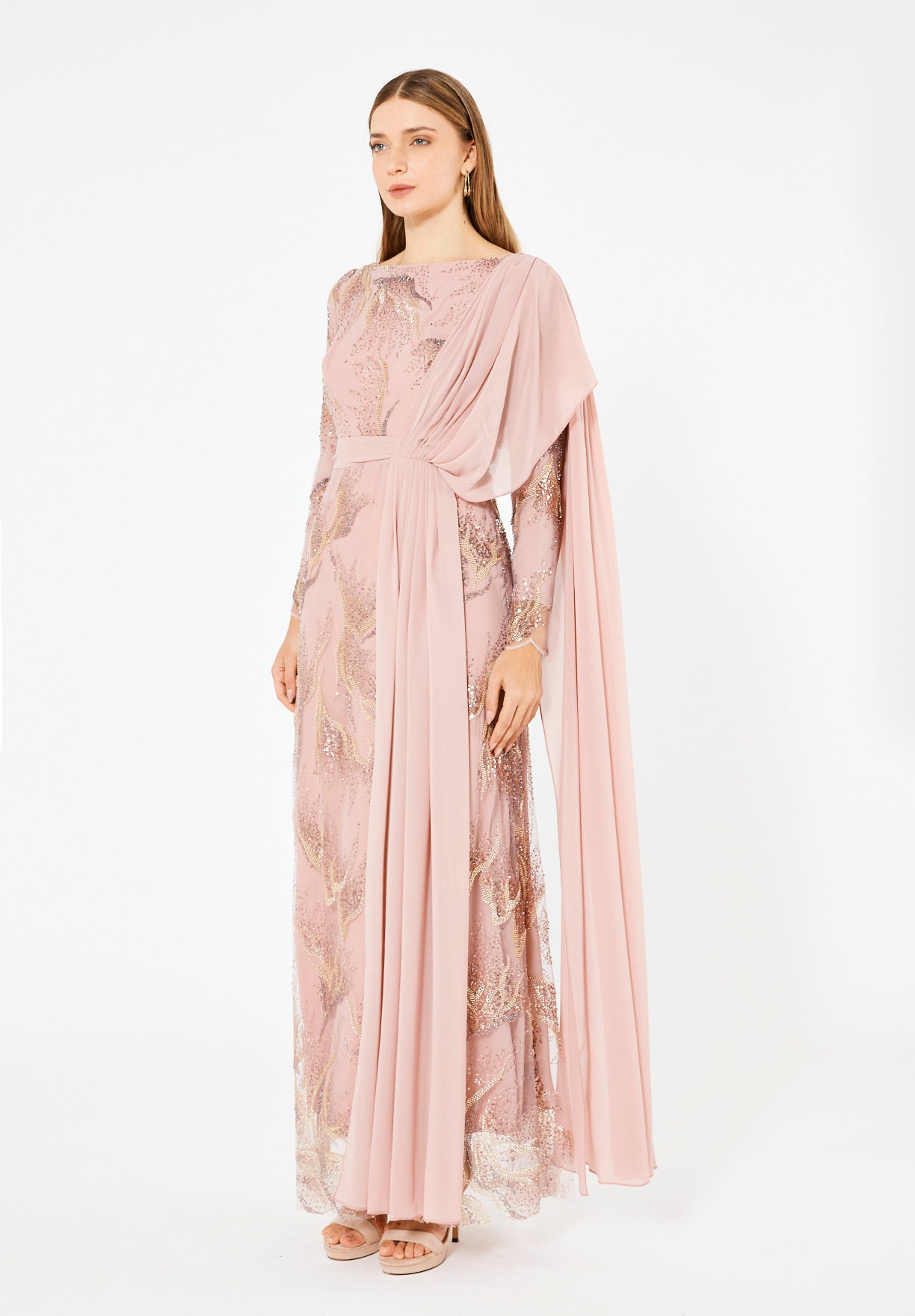 Embellished Gown with Draped Shoulder Detail