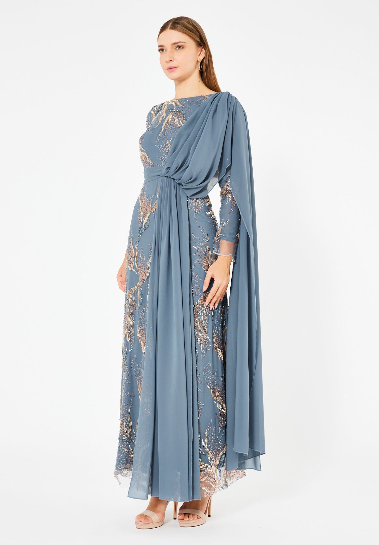 Embellished Gown with Draped Shoulder Detail