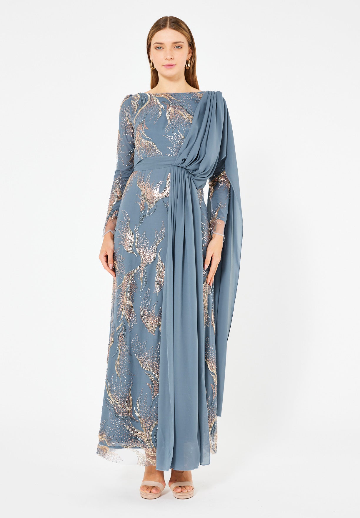 Embellished Gown with Draped Shoulder Detail