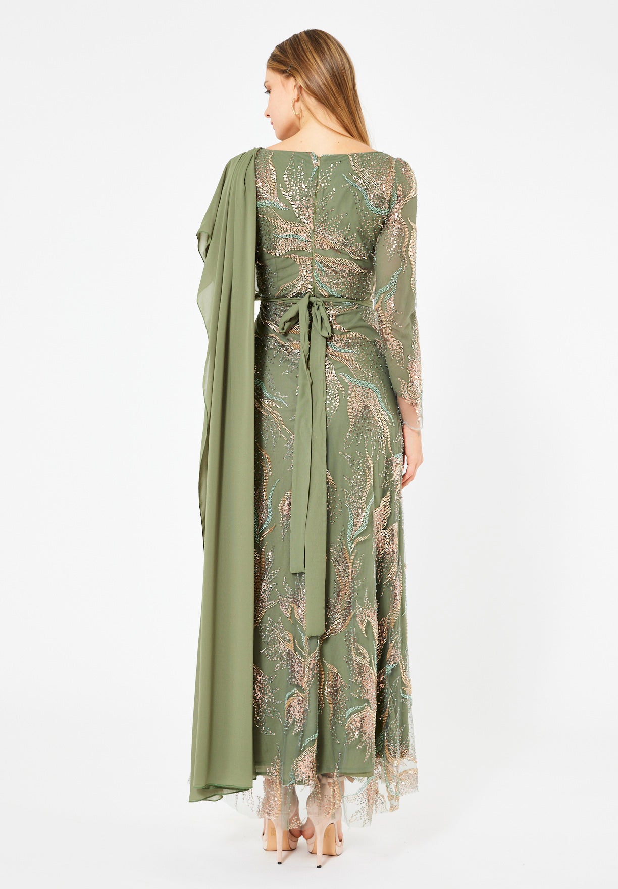 Embellished Gown with Draped Shoulder Detail