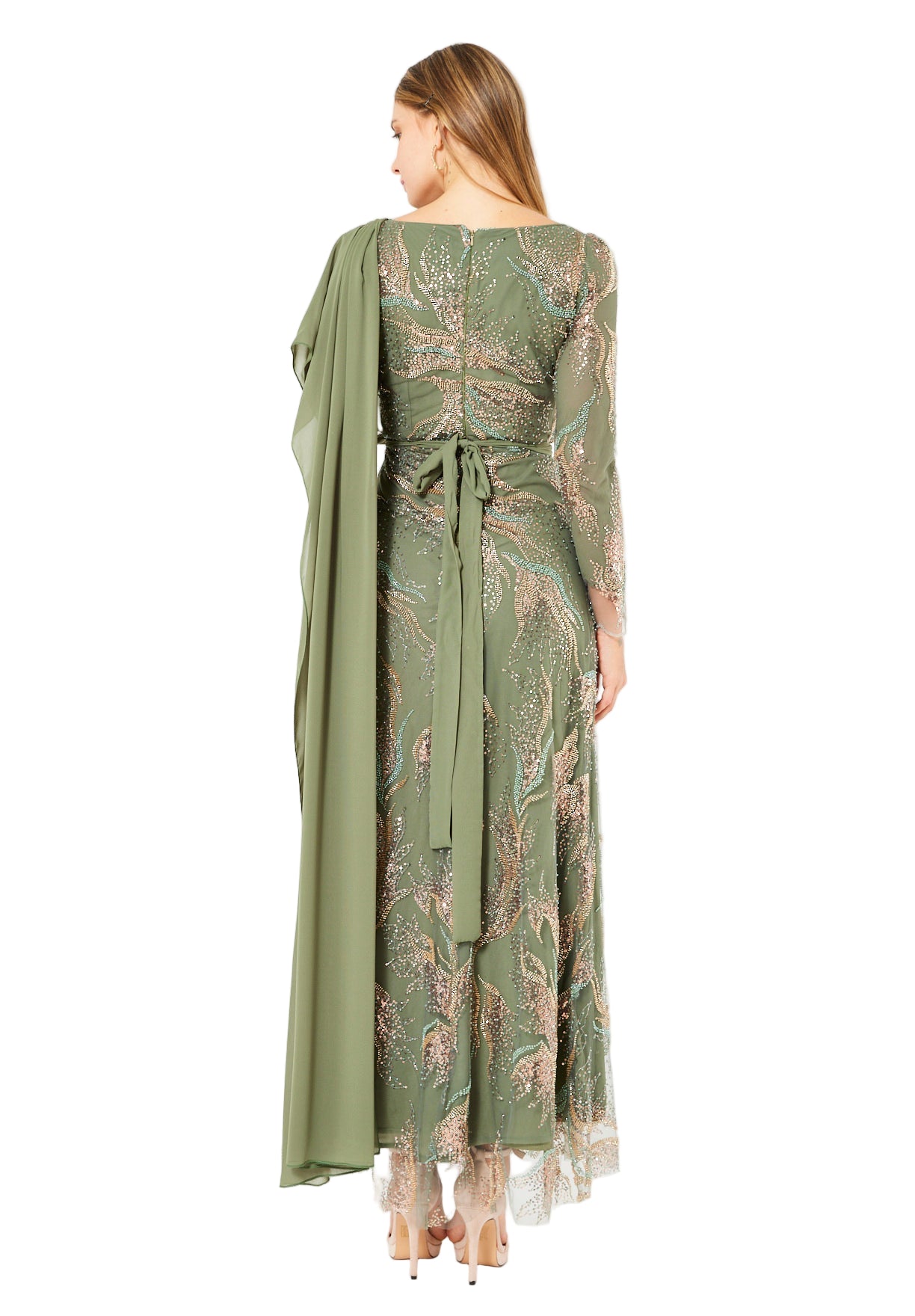 Embellished Gown with Draped Shoulder Detail