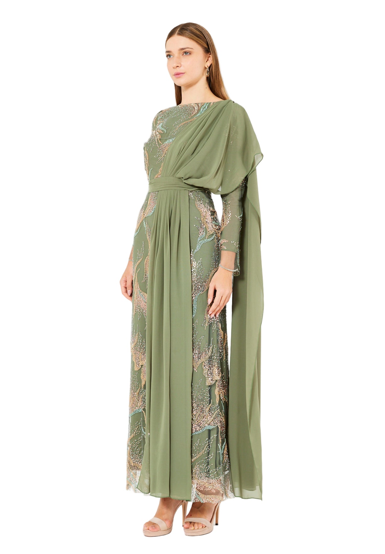 Embellished Gown with Draped Shoulder Detail