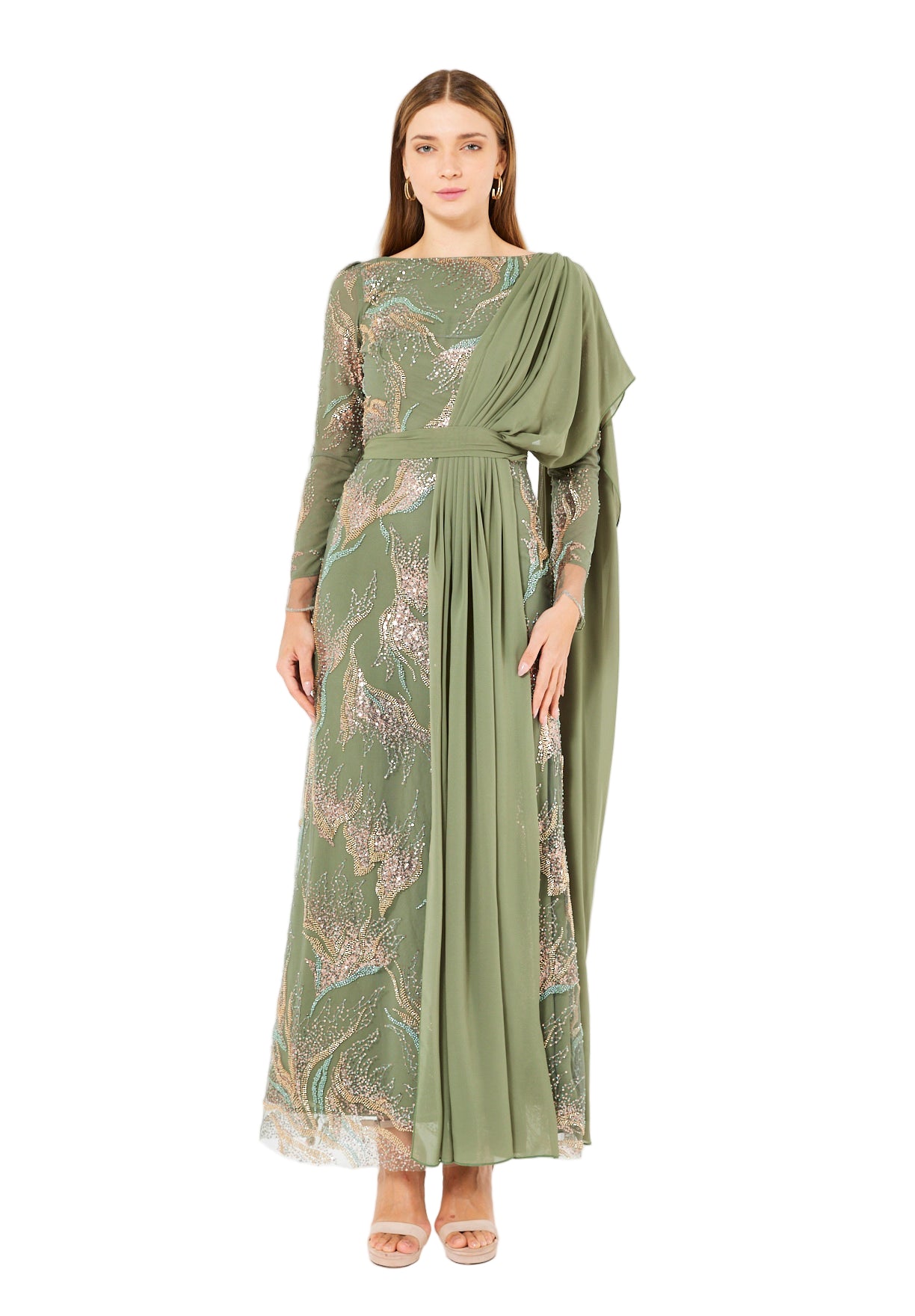 Embellished Gown with Draped Shoulder Detail