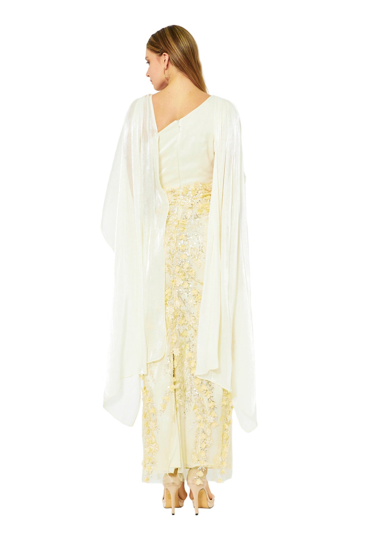 Embellished Gown with Draped Cape Overlay