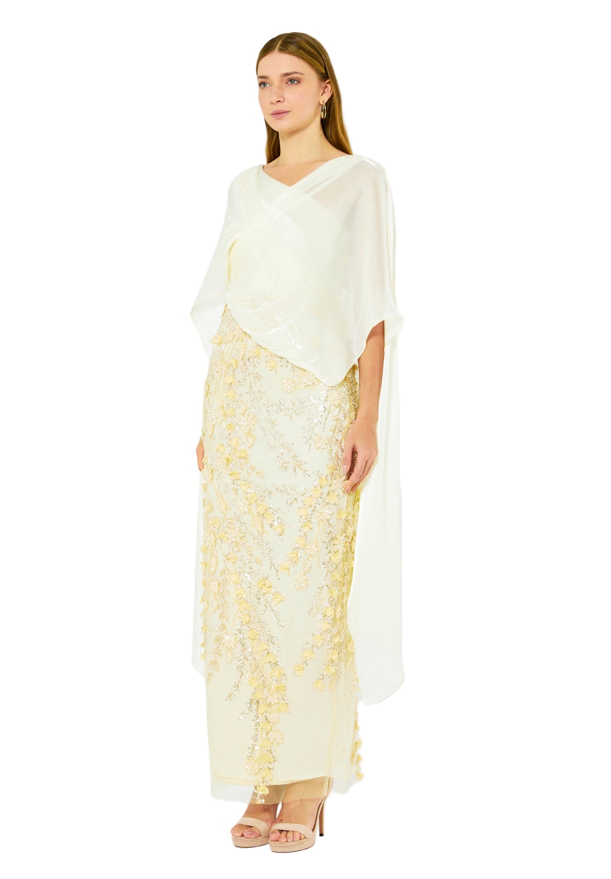 Embellished Gown with Draped Cape Overlay