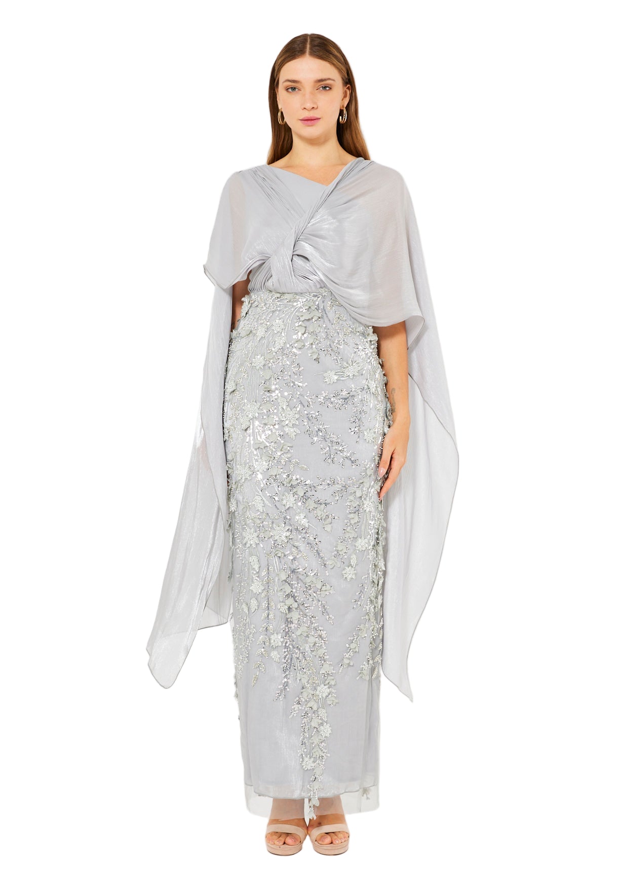 Embellished Gown with Draped Cape Overlay
