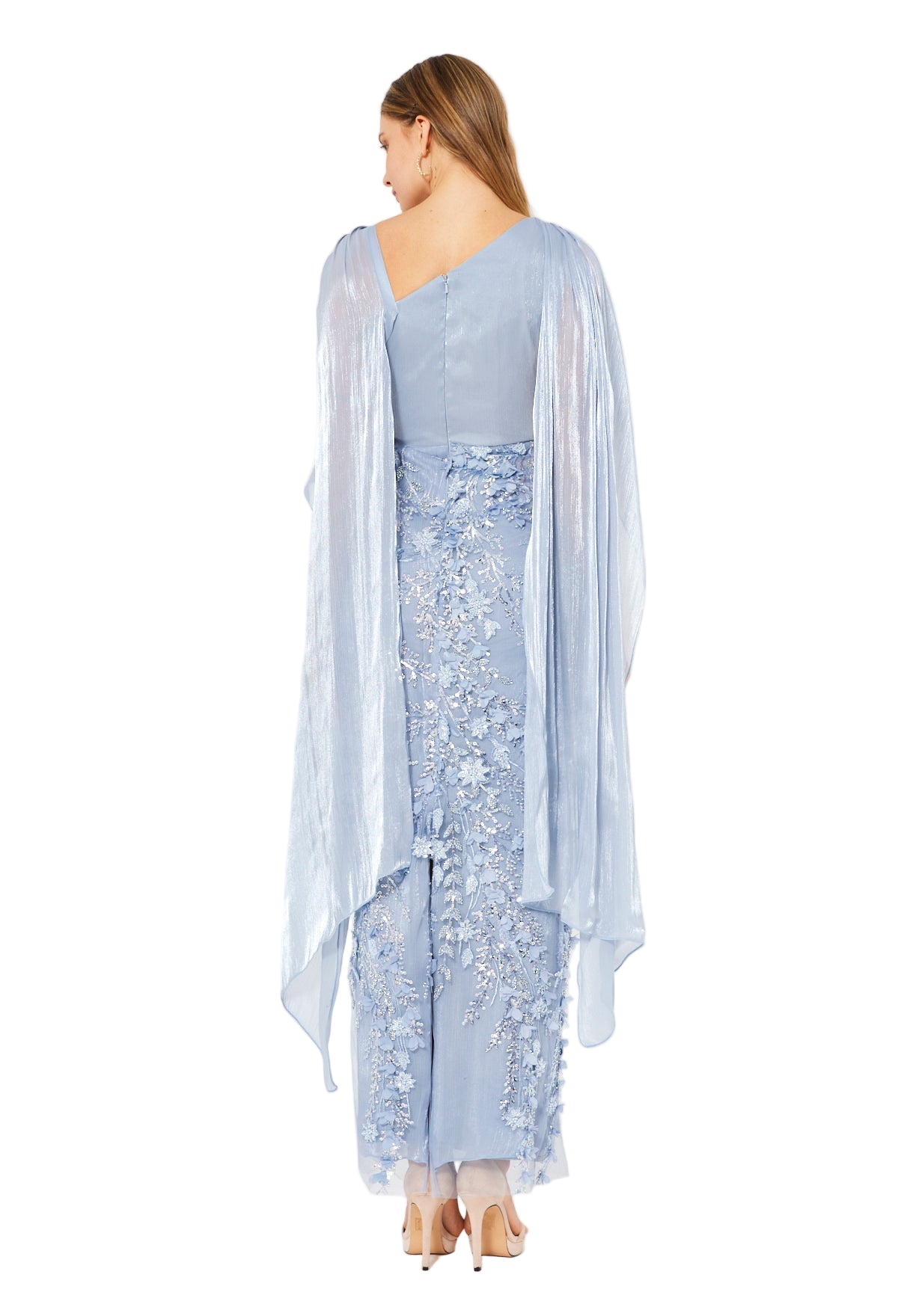 Embellished Gown with Draped Cape Overlay