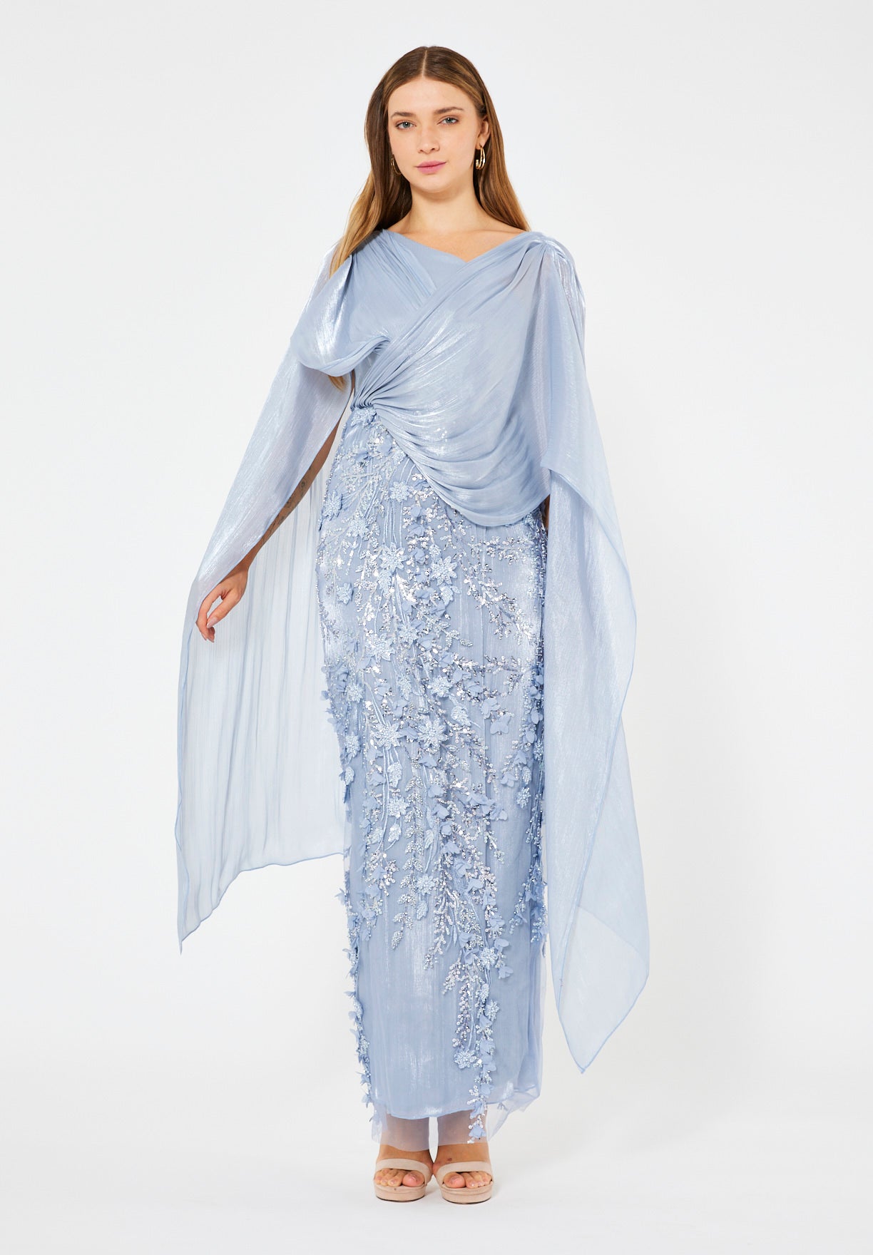 Embellished Gown with Draped Cape Overlay
