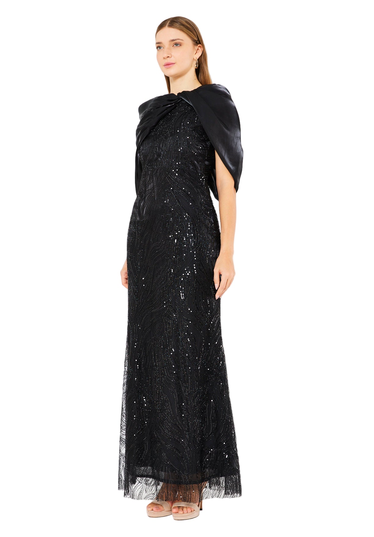 Sequin Embellished Gown with Organza Drape