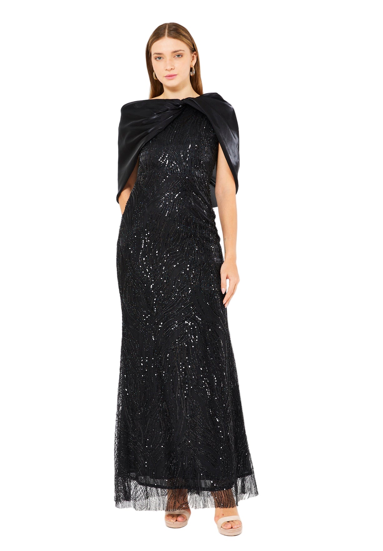 Sequin Embellished Gown with Organza Drape