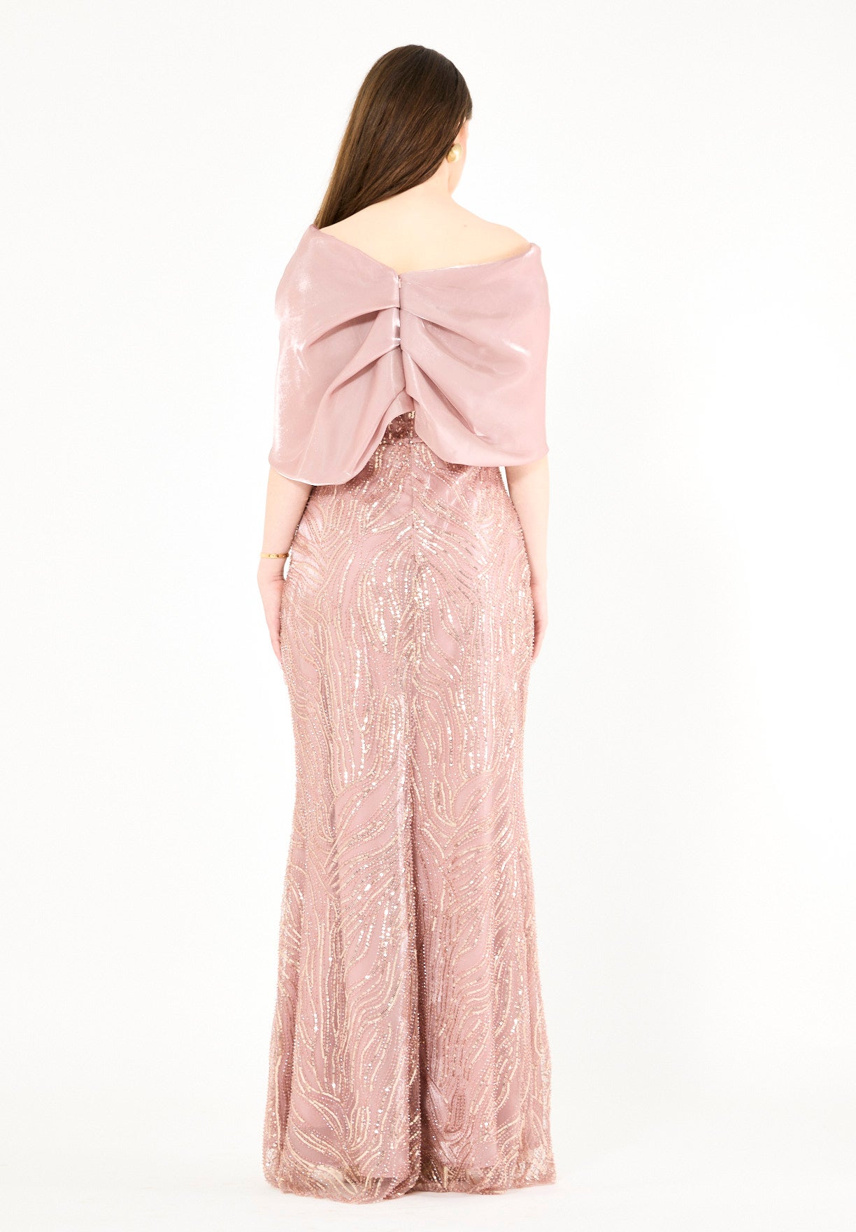 Sequin Embellished Gown with Organza Drape