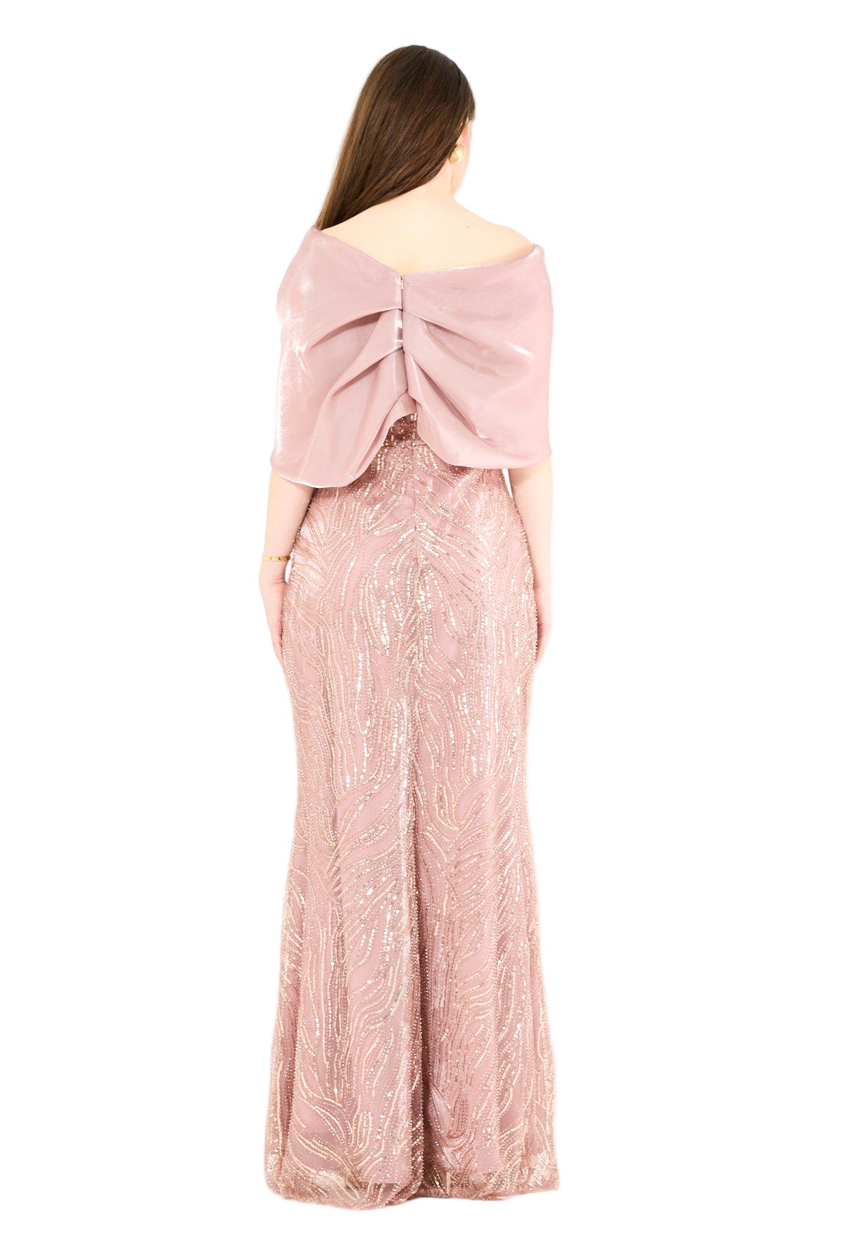 Sequin Embellished Gown with Organza Drape