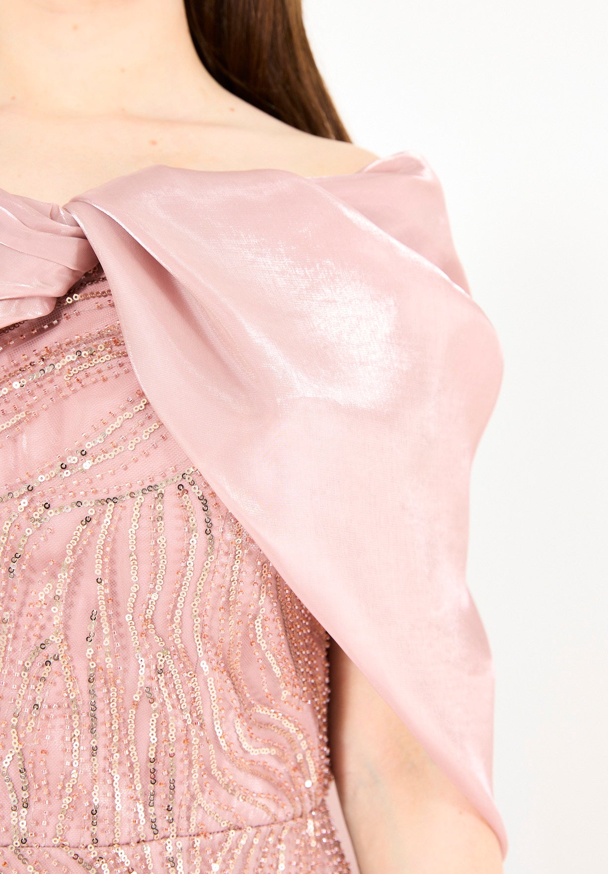 Sequin Embellished Gown with Organza Drape
