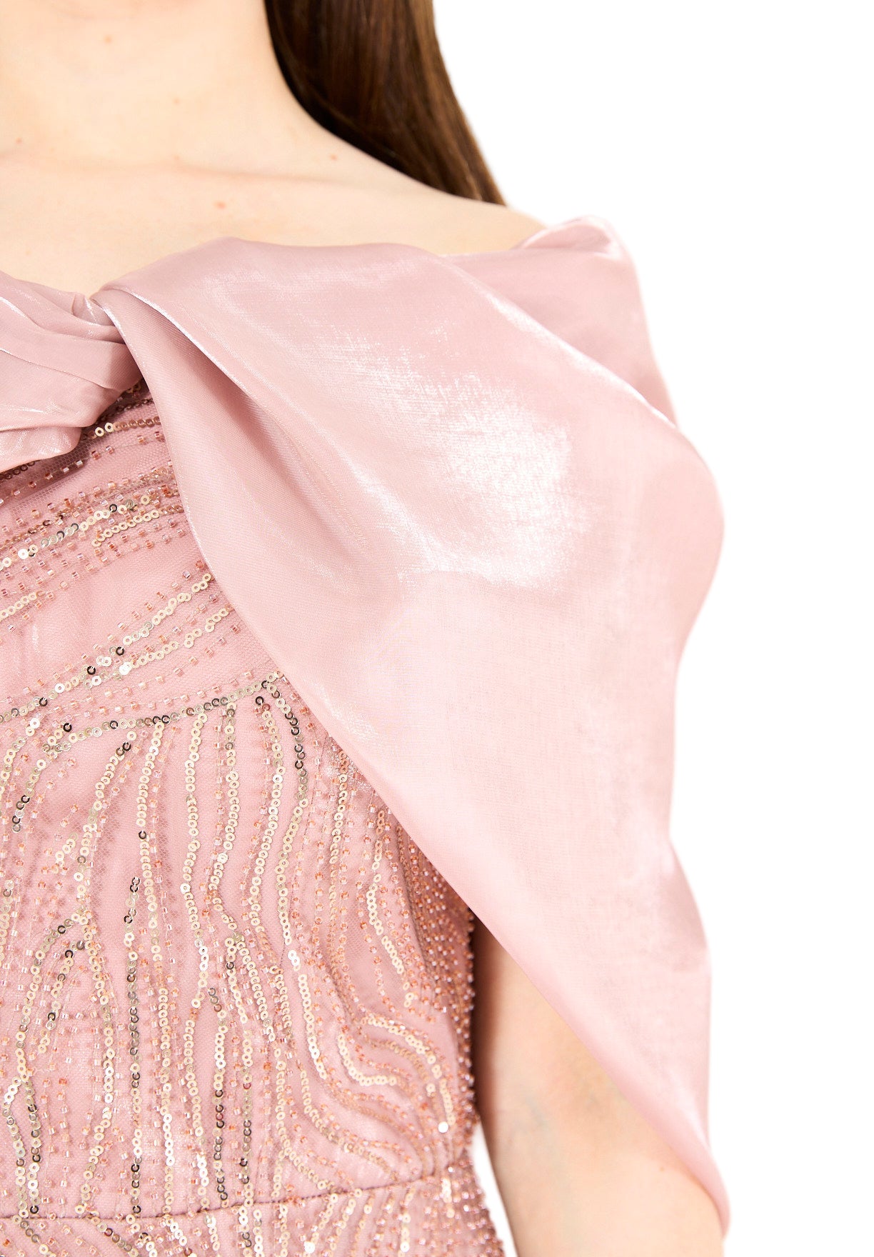 Sequin Embellished Gown with Organza Drape