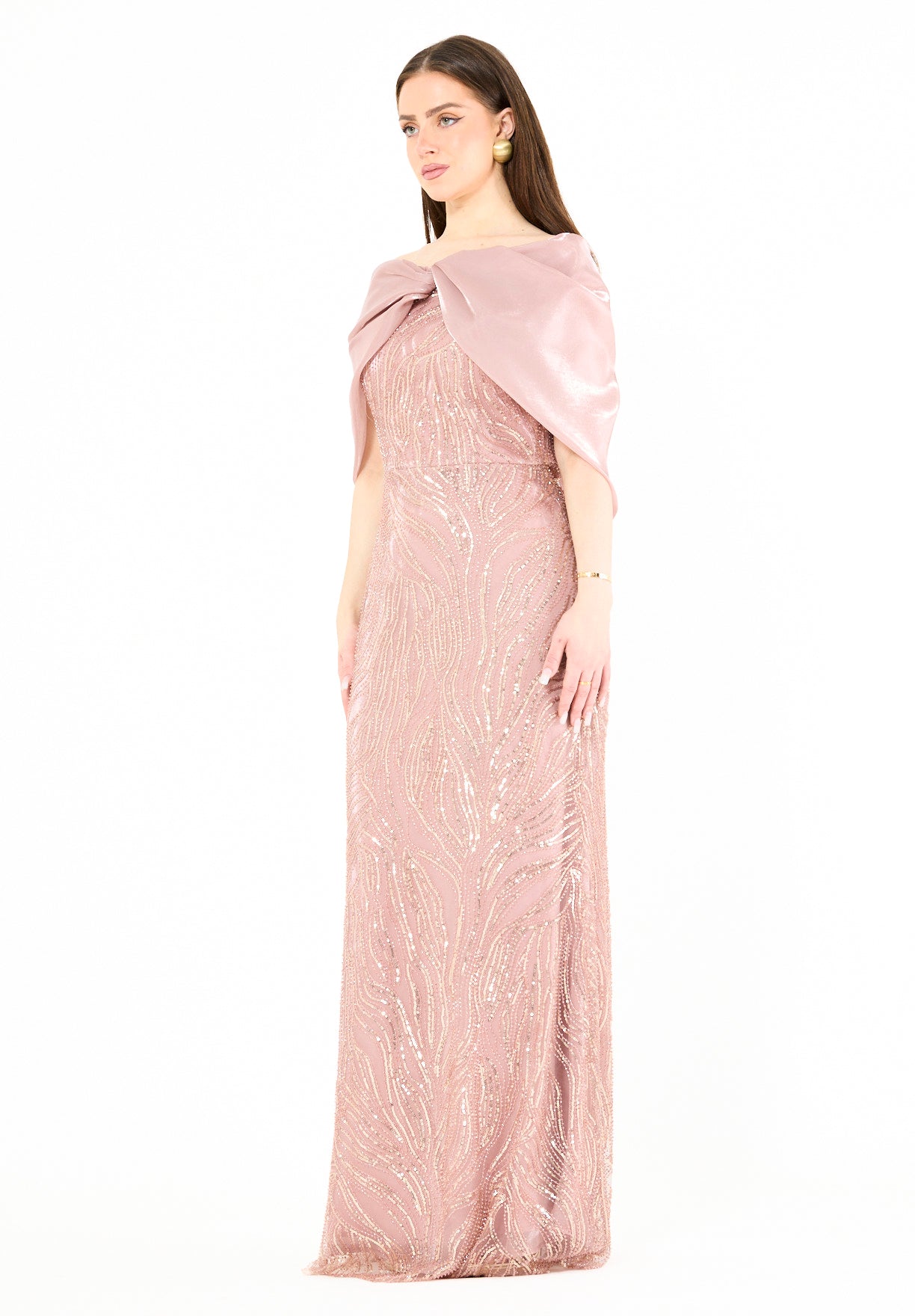 Sequin Embellished Gown with Organza Drape