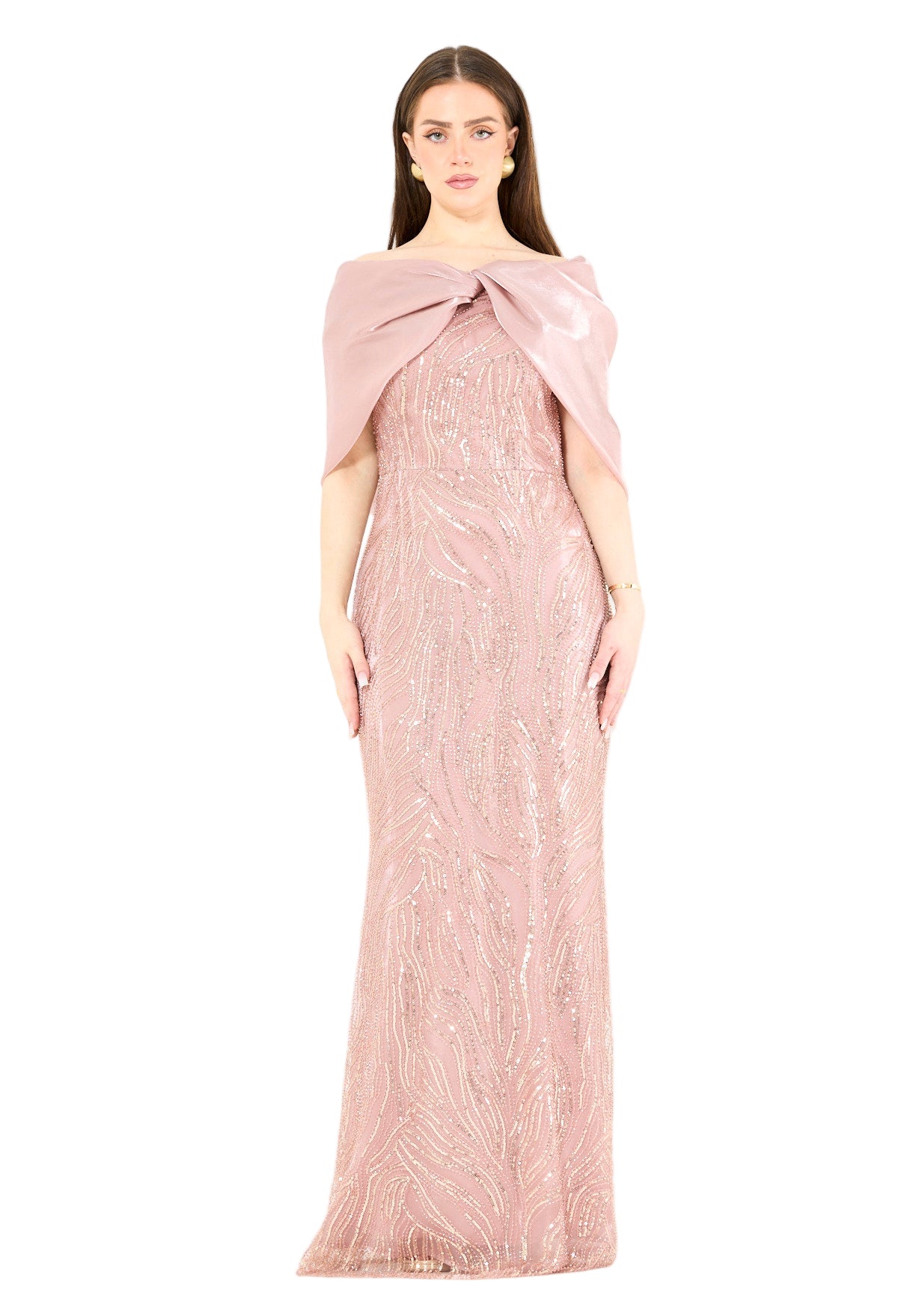 Sequin Embellished Gown with Organza Drape