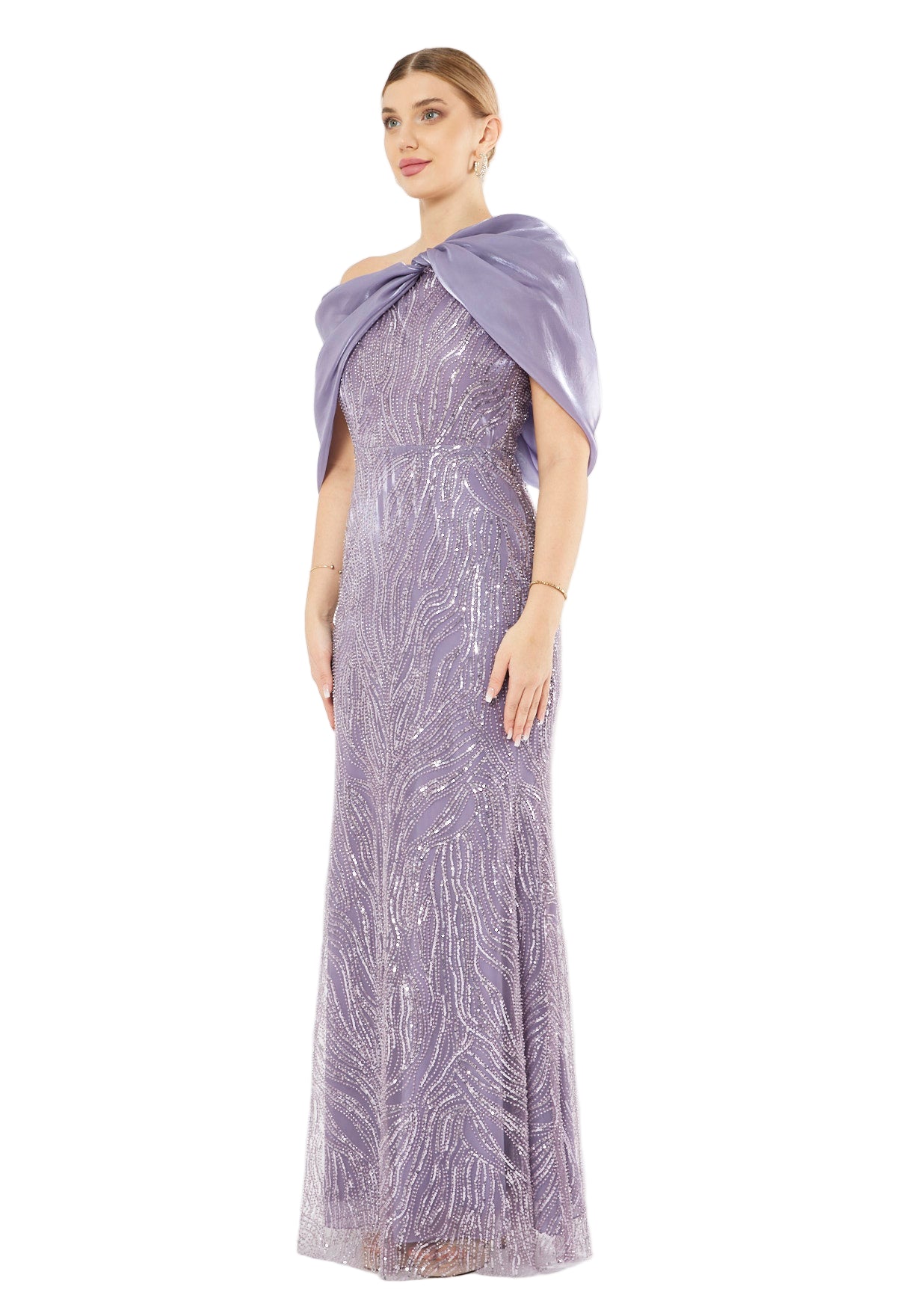 Sequin Embellished Gown with Organza Drape
