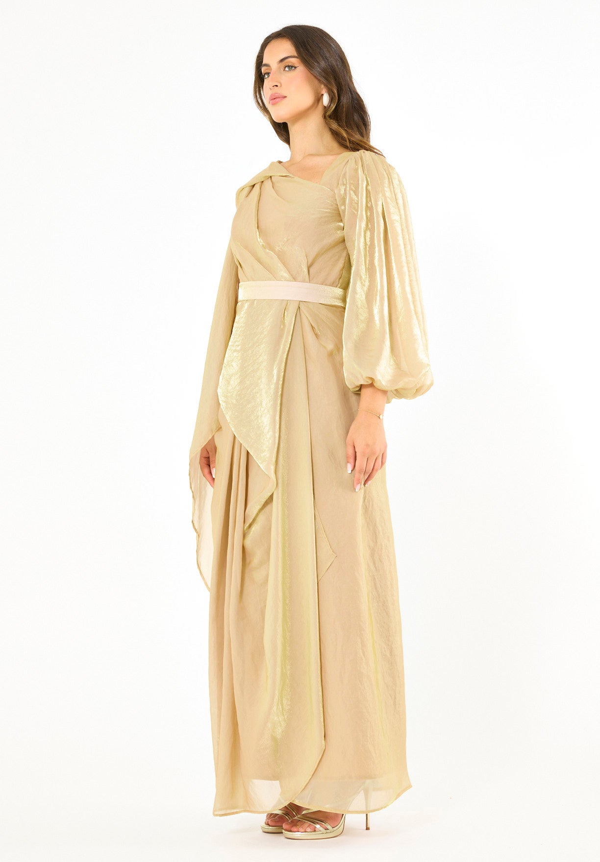 Asymmetric Draped Satin-Finish Evening Gown