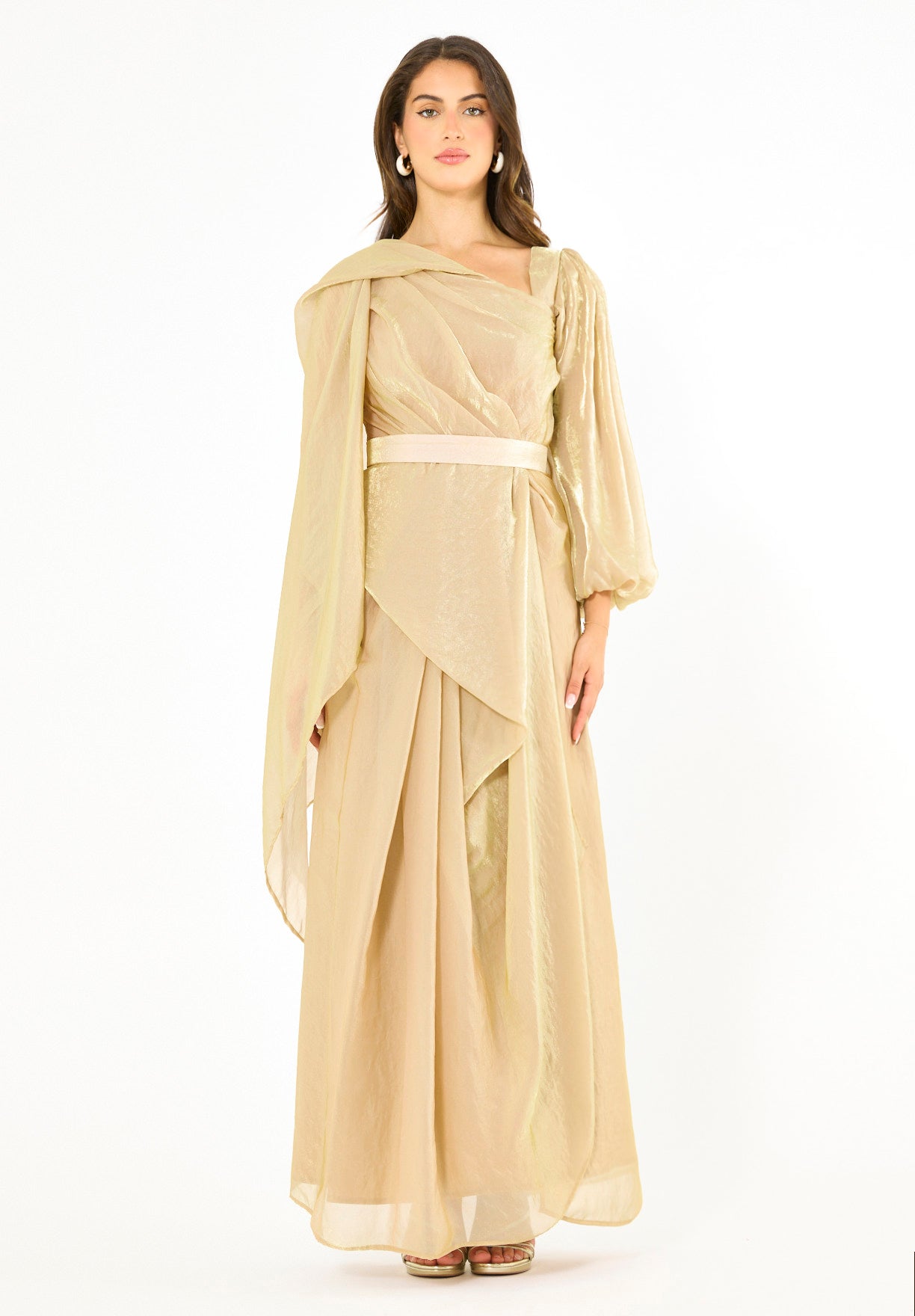 Asymmetric Draped Satin-Finish Evening Gown