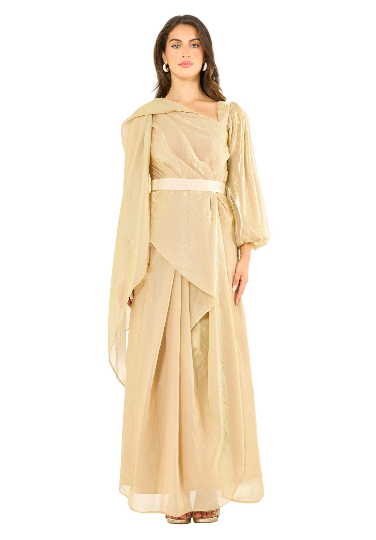 Asymmetric Draped Organza-Finish Evening Gown